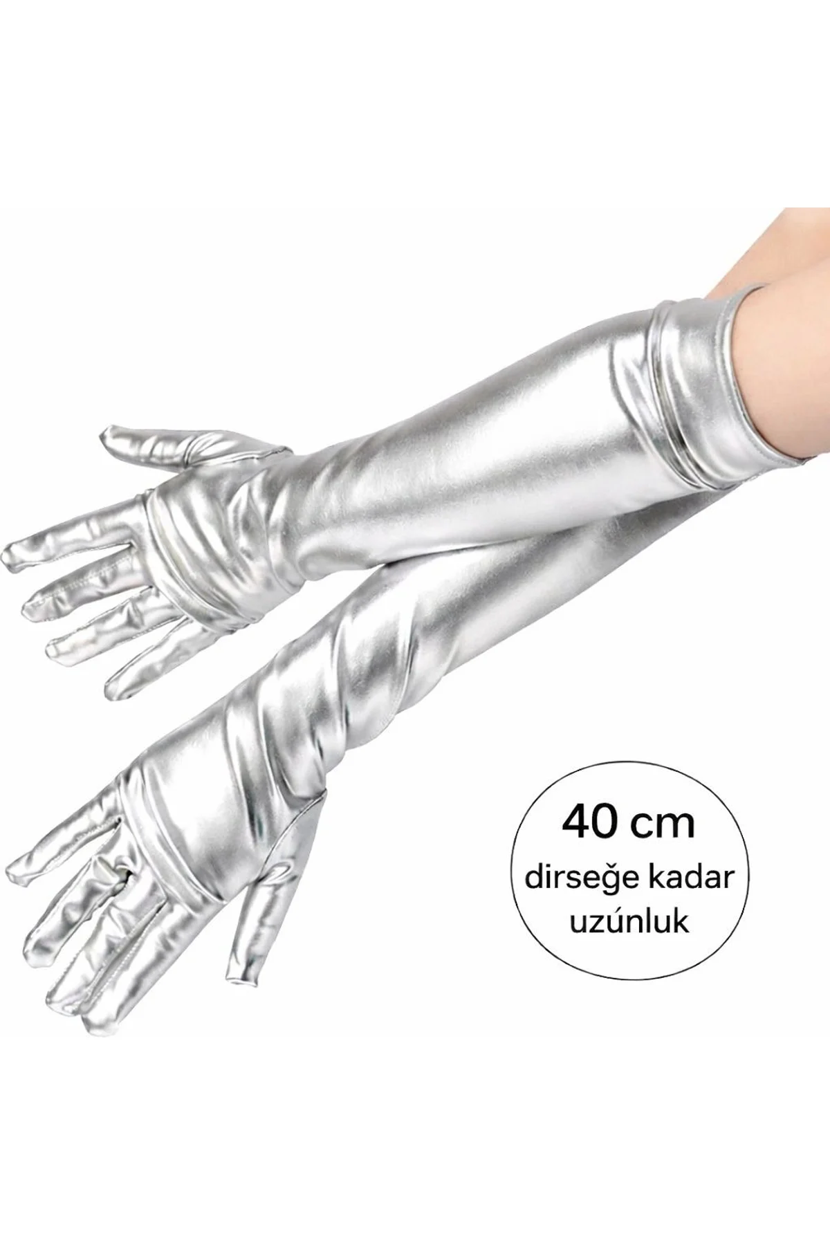 Gümüş Renk Dirsek Altı Lüks Saten Eldiven 40 Cm