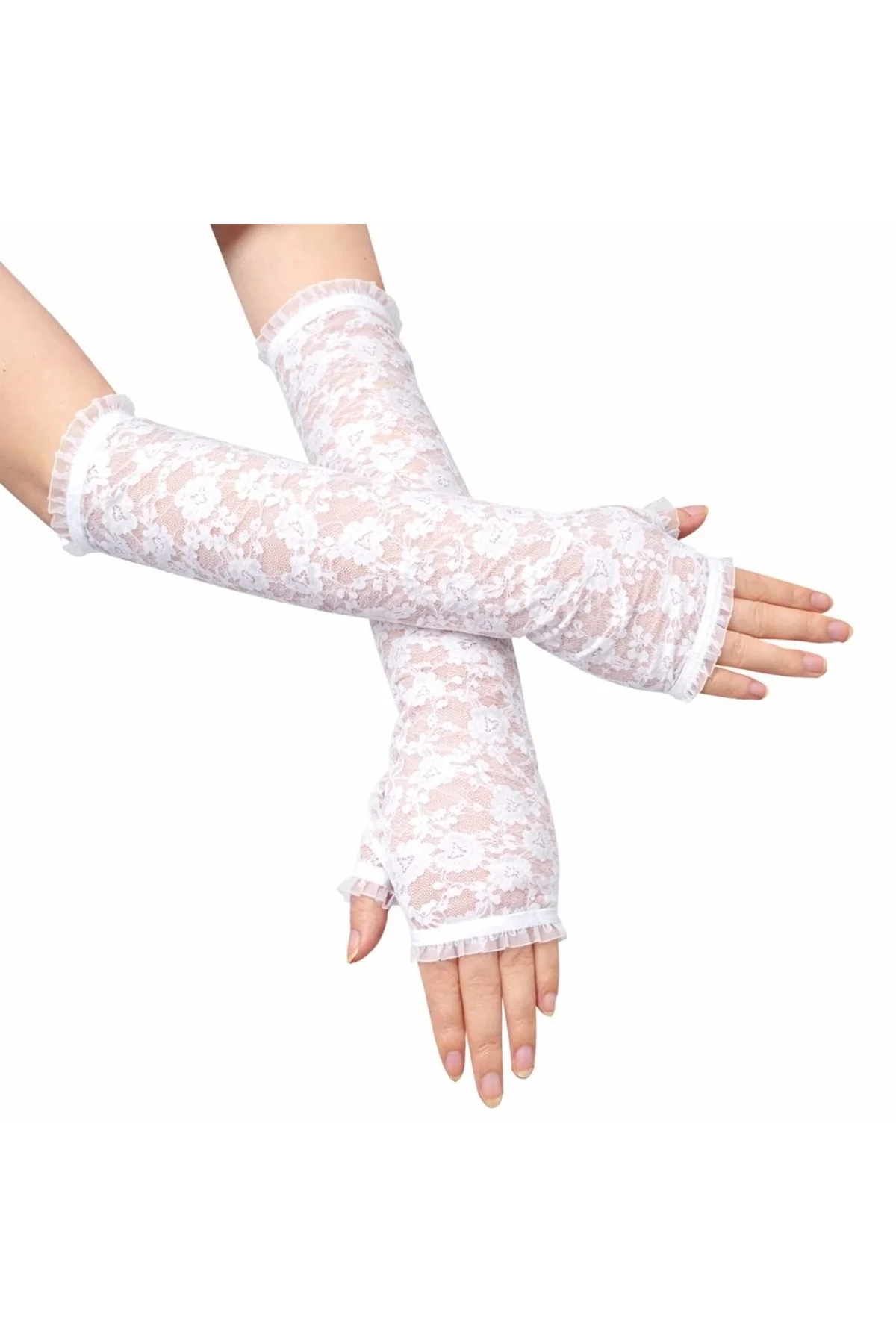 Uzun Zarif Dantel Eldiven Parmaksız Beyaz 35 Cm - Just Cheap Store Görsel 2