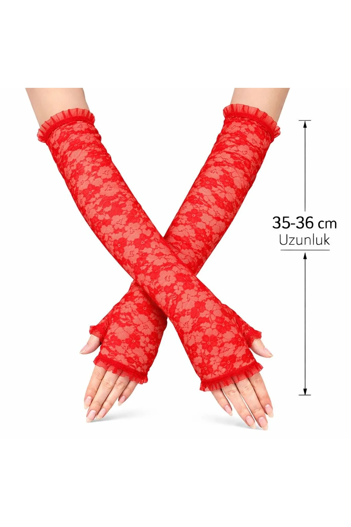 Uzun Zarif Dantel Eldiven Parmaksız Kırmızı 35 Cm