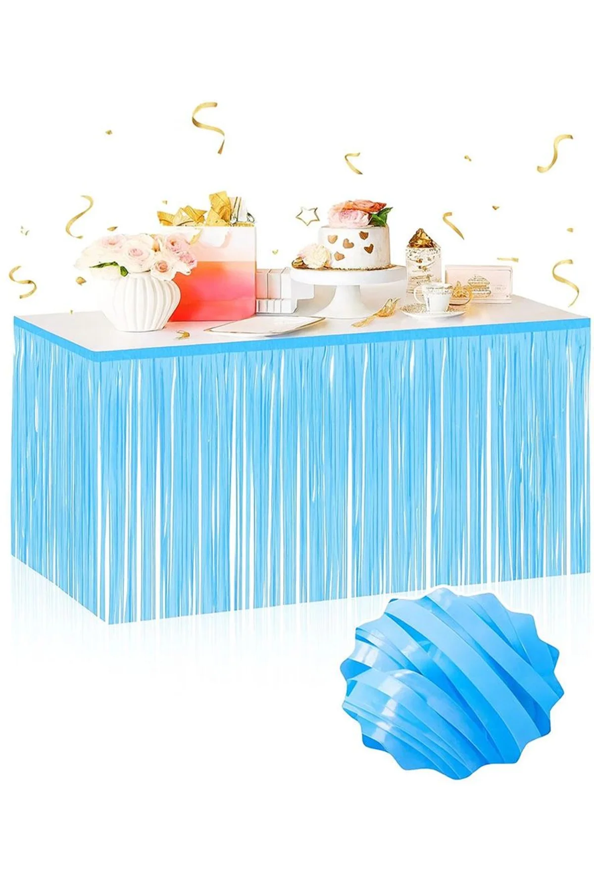 Kendinden Yapışkanlı Makaron Mavi Püsküllü Masa Eteği – 75 X 275 Cm Parti Süslemesi