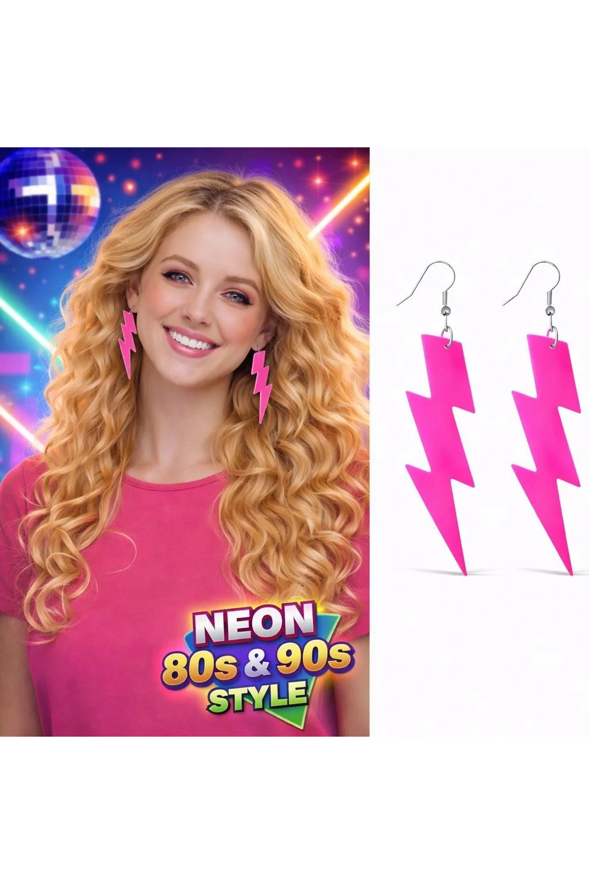 80’ler 9039lar Retro Neon Pembe Şimşek Küpe 10 Cm