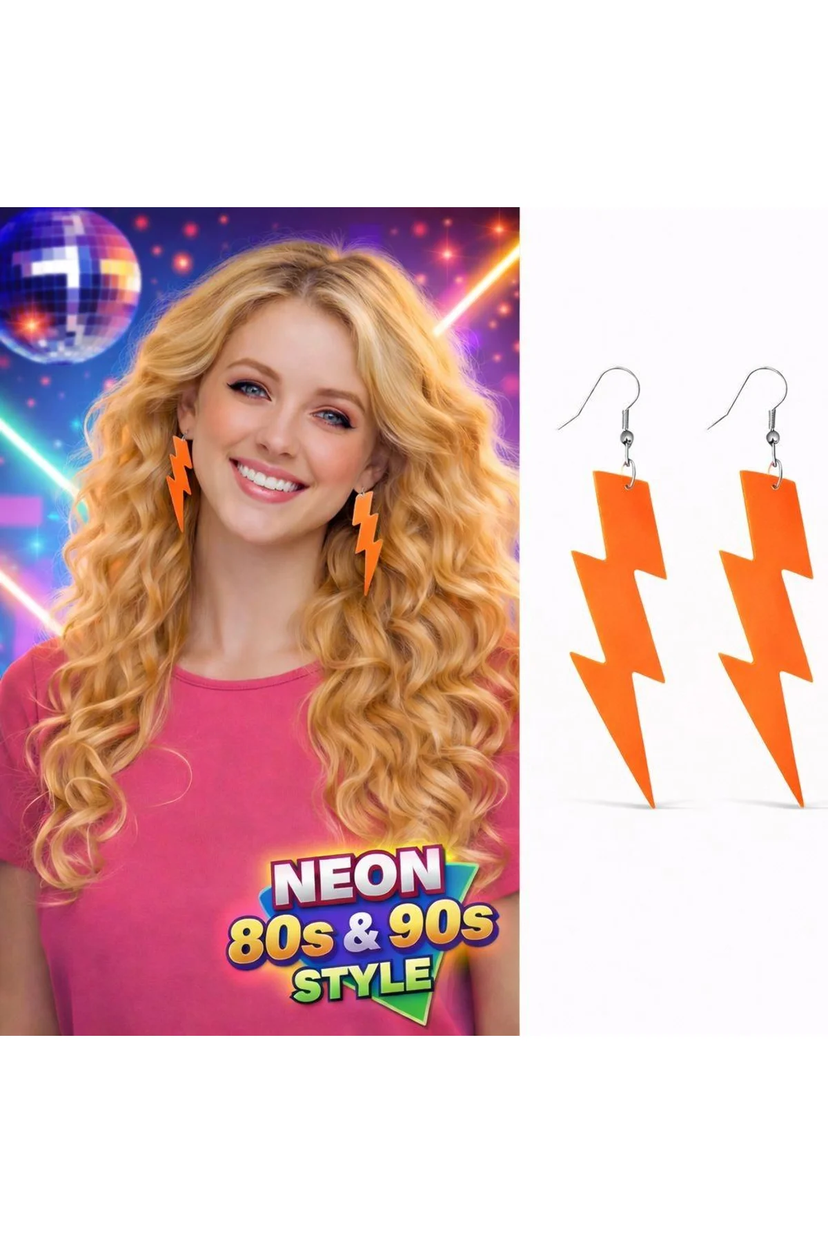80’ler 9039lar Retro Neon Turuncu Şimşek Küpe 10 Cm