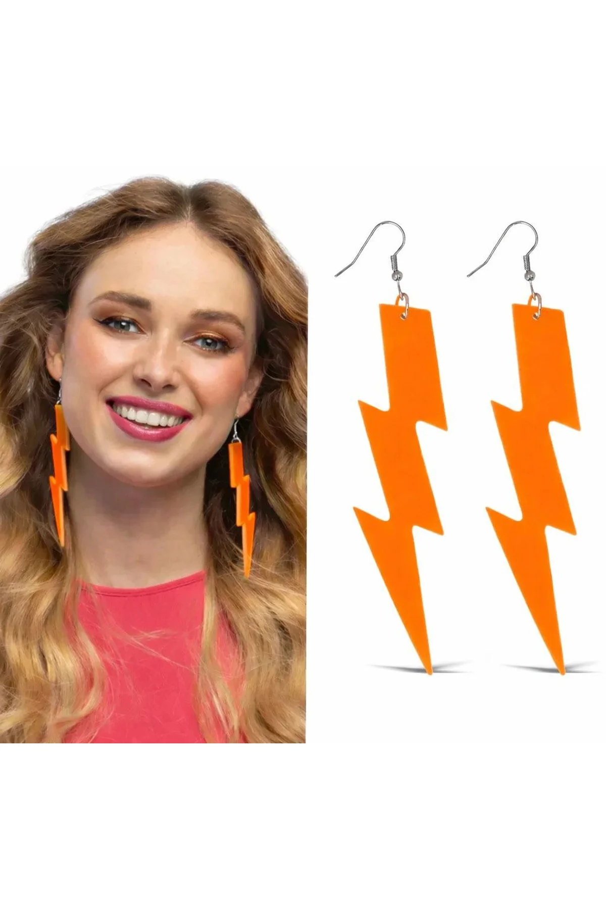 80’ler 9039lar Retro Neon Turuncu Şimşek Küpe 10 Cm - Just Cheap Store Görsel 5