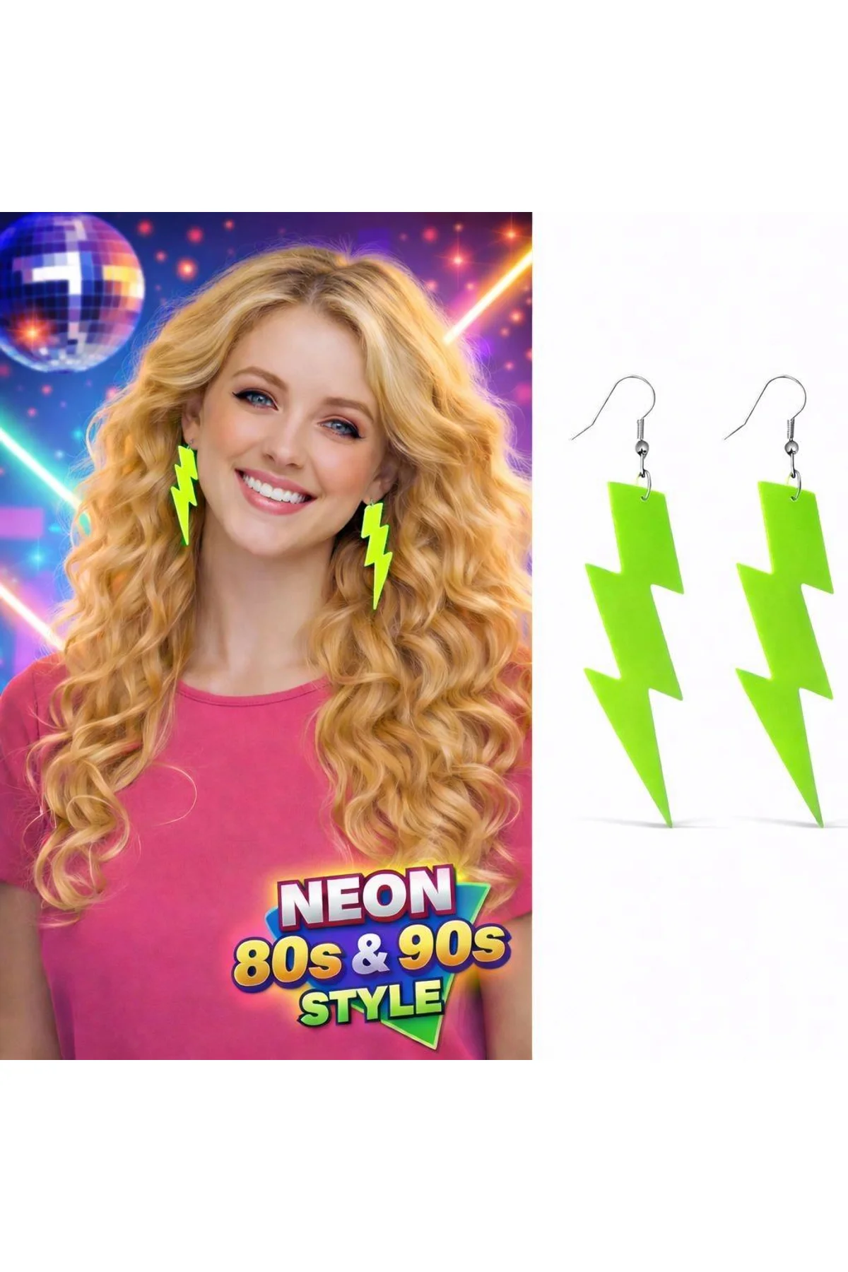 80’ler 9039lar Retro Neon Yeşil Şimşek Küpe 10 Cm