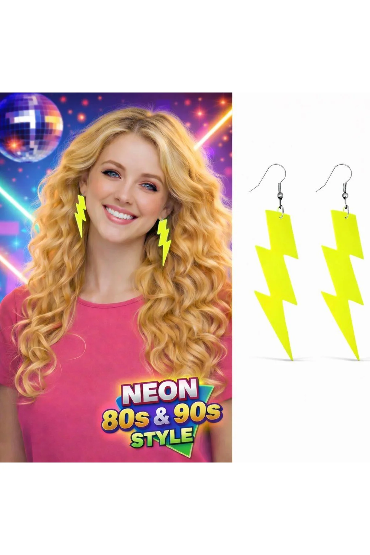 80’ler 9039lar Retro Neon Sarı Şimşek Küpe 10 Cm