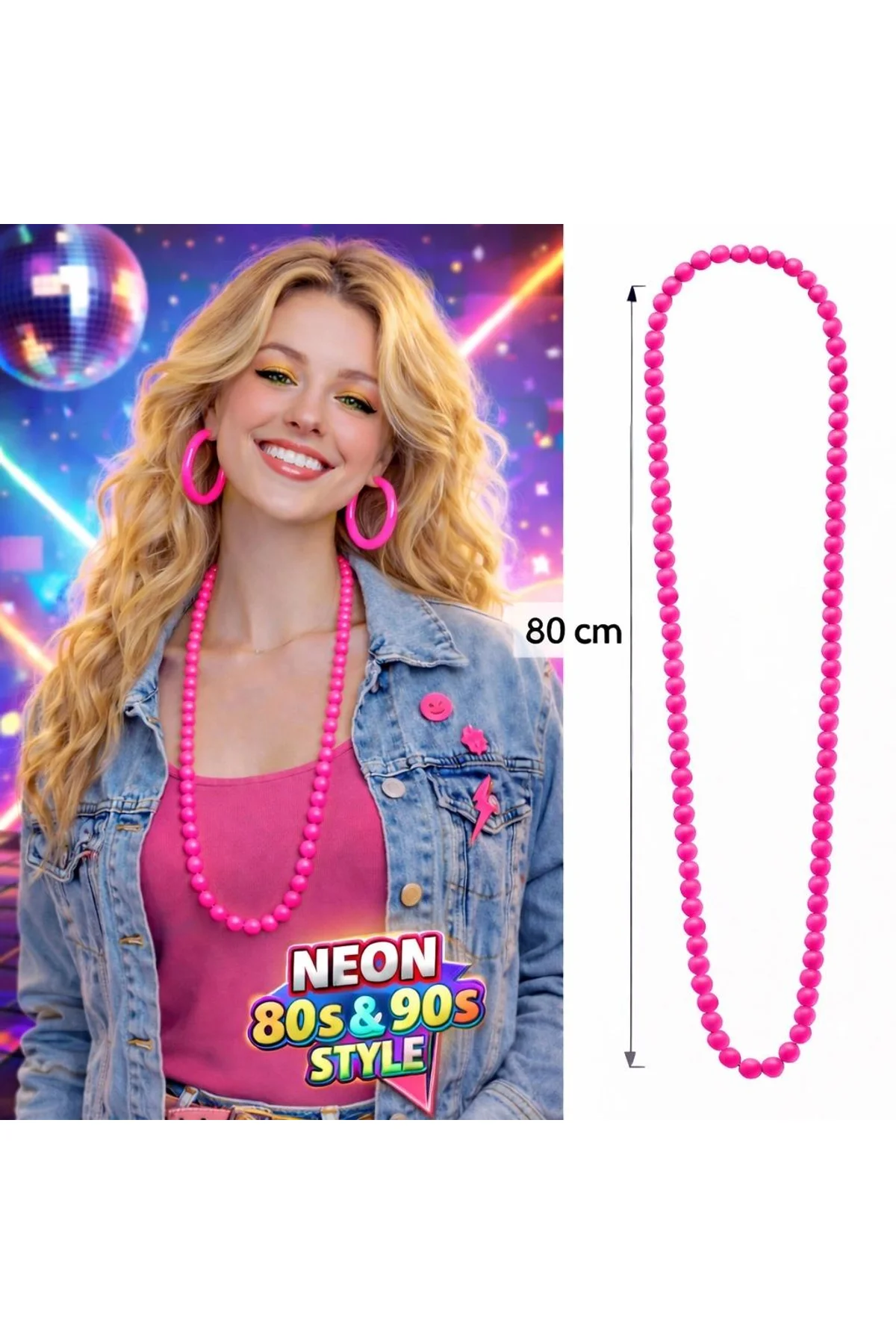 Neon Pembe Boncuk Kolye 80 Cm – Retro 80’ler 90’lar Parti Aksesuarı