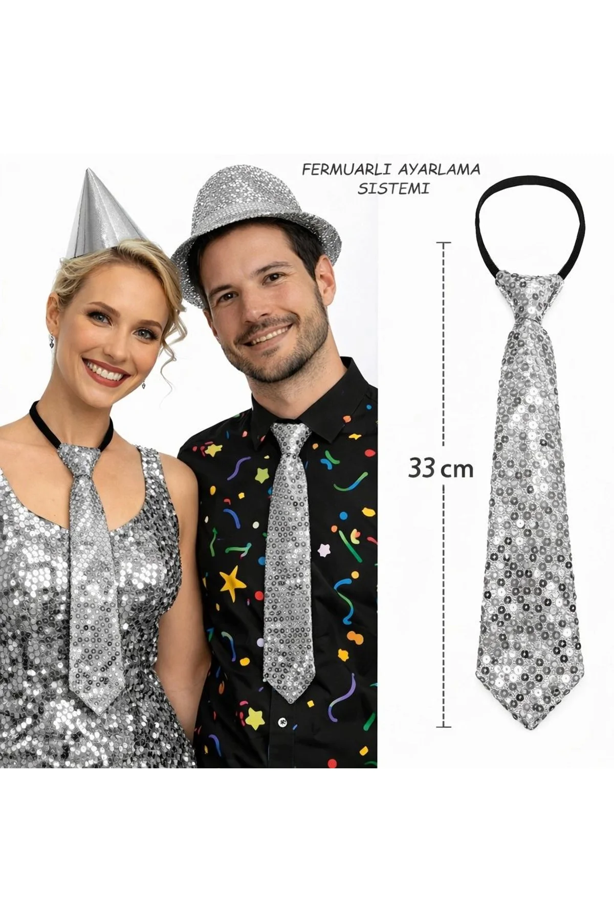 Gümüş Renk Pul Payetli Işıltılı Parti Kravatı 33 Cm