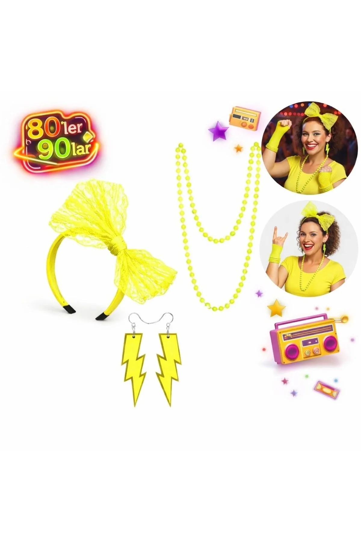 80’ler 90’lar Neon Sarı Parti Seti – Kolye Küpe Taç - Just Cheap Store Görsel 3
