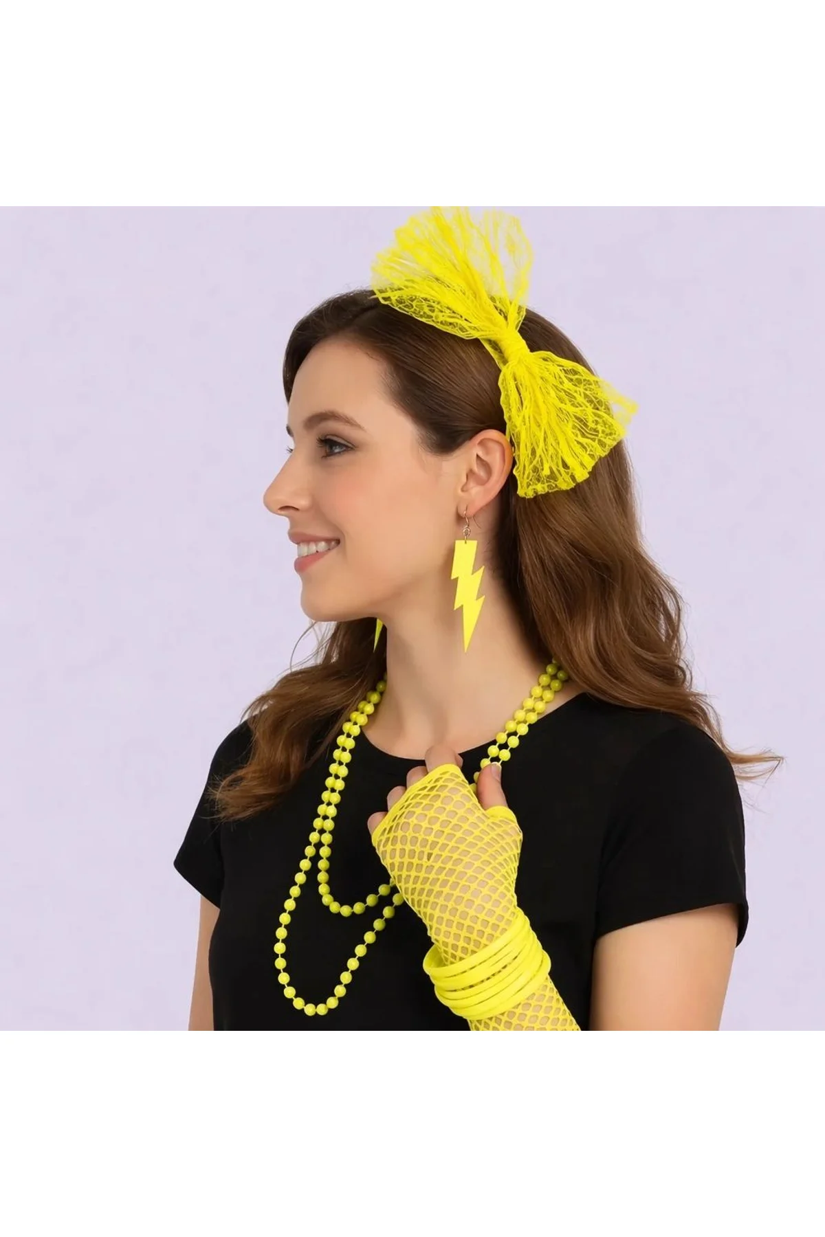 80’ler 90’lar Neon Sarı Parti Seti – Kolye Küpe Taç - Just Cheap Store Görsel 4