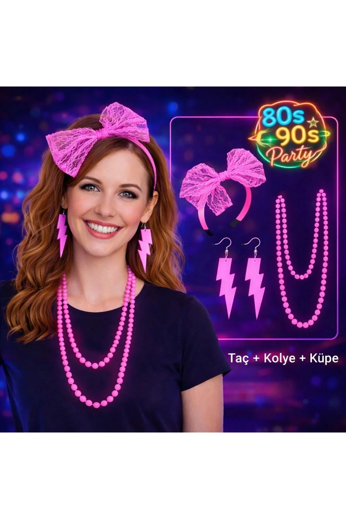 80’ler 90’lar Neon Pembe Parti Seti – Kolye Küpe Taç