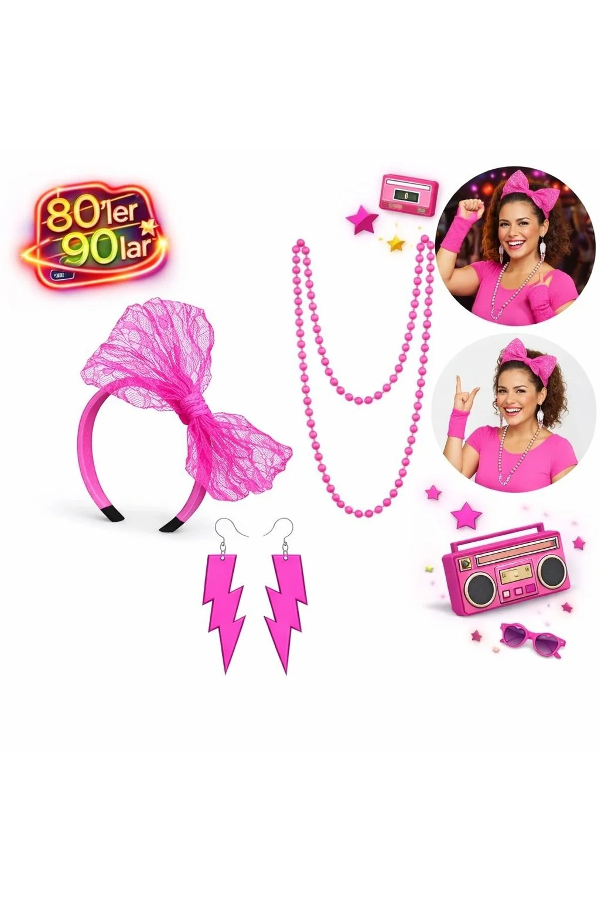 80’ler 90’lar Neon Pembe Parti Seti – Kolye Küpe Taç - Just Cheap Store Görsel 3