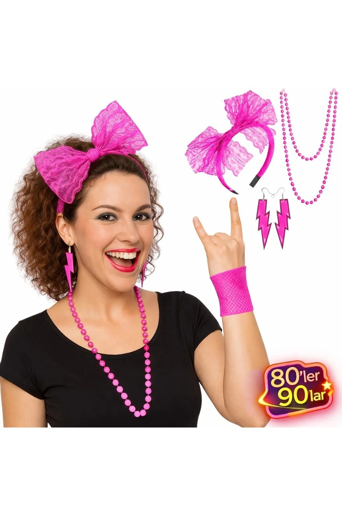 80’ler 90’lar Neon Pembe Parti Seti – Kolye Küpe Taç - Just Cheap Store Görsel 2