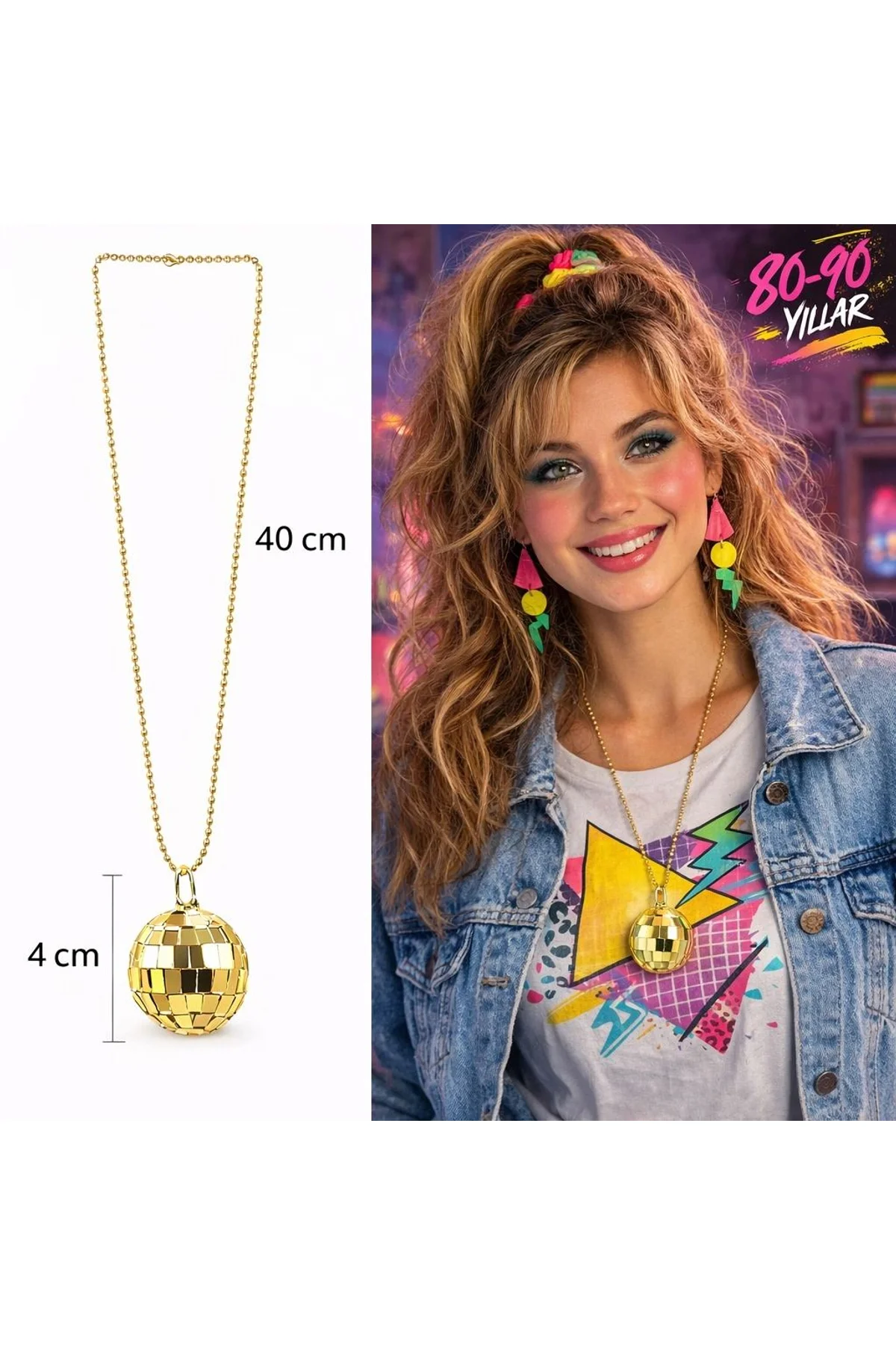 Retro Disko Topu Şekilli 8039ler 9039lar Altın Renk Plastik Kolye