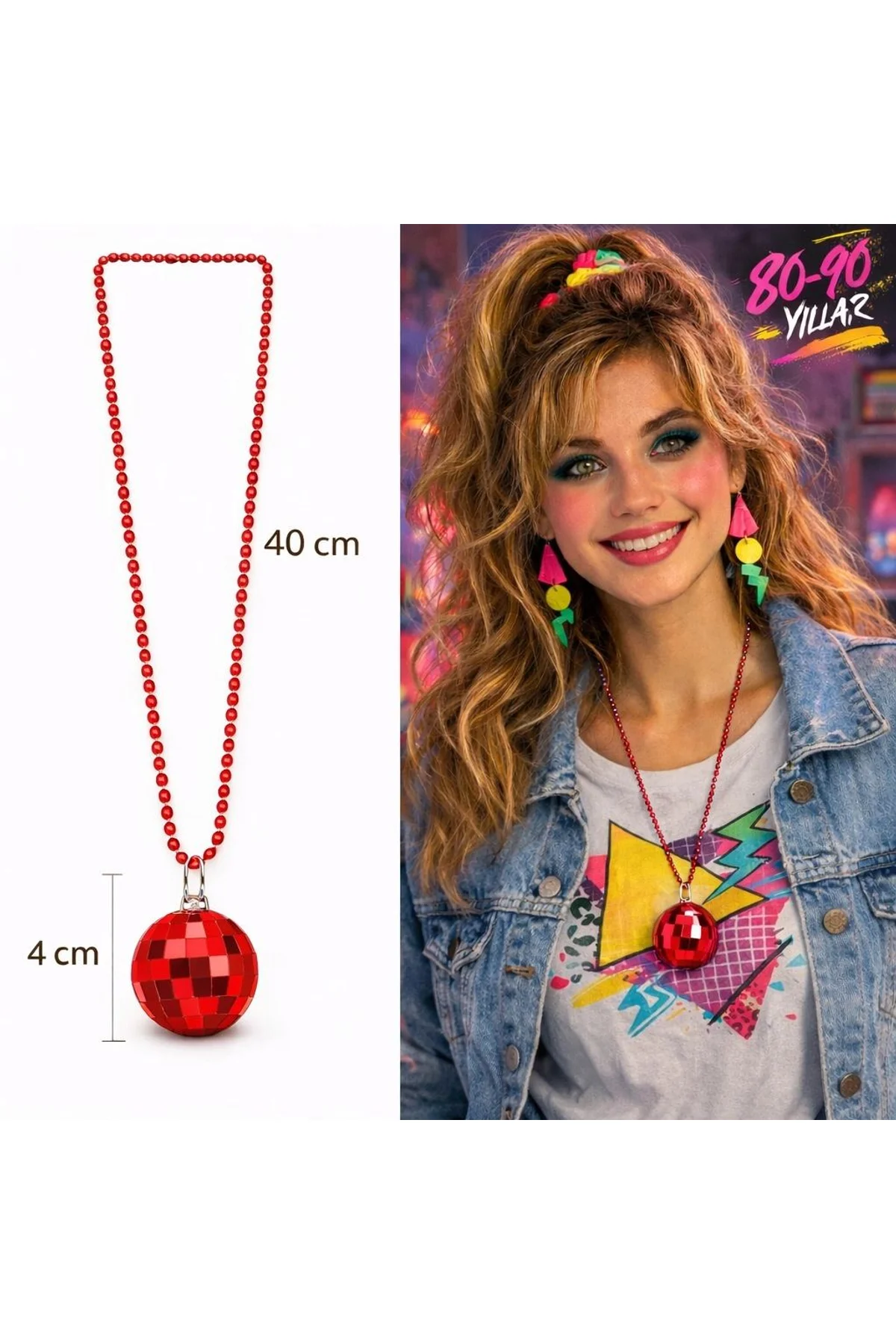 Retro Disko Topu Şekilli 8039ler 9039lar Kırmızı Renk Plastik Kolye