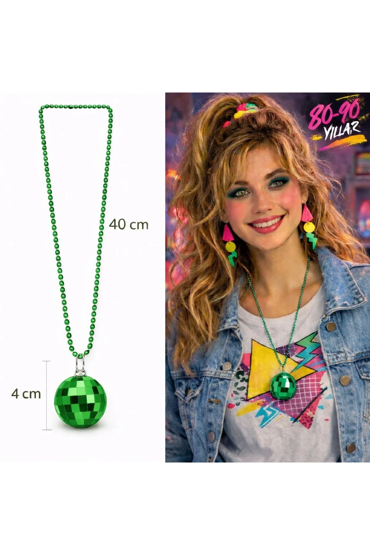 Retro Disko Topu Şekilli 8039ler 9039lar Yeşil Renk Plastik Kolye