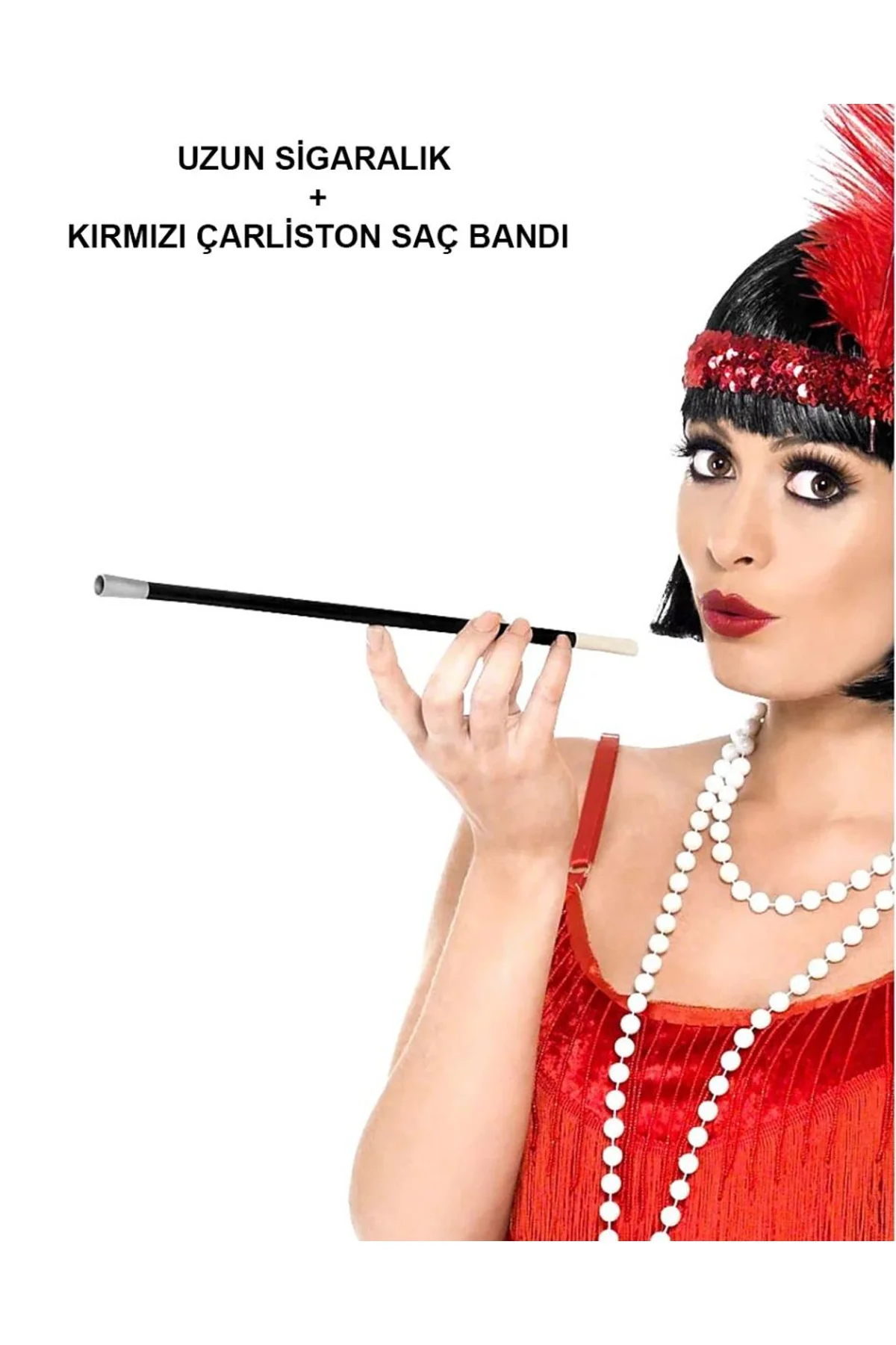 192039ler 199039lar Gatsby Kadın Aksesuar Seti – Kırmızı Charleston Saç Bandı Ve Lık