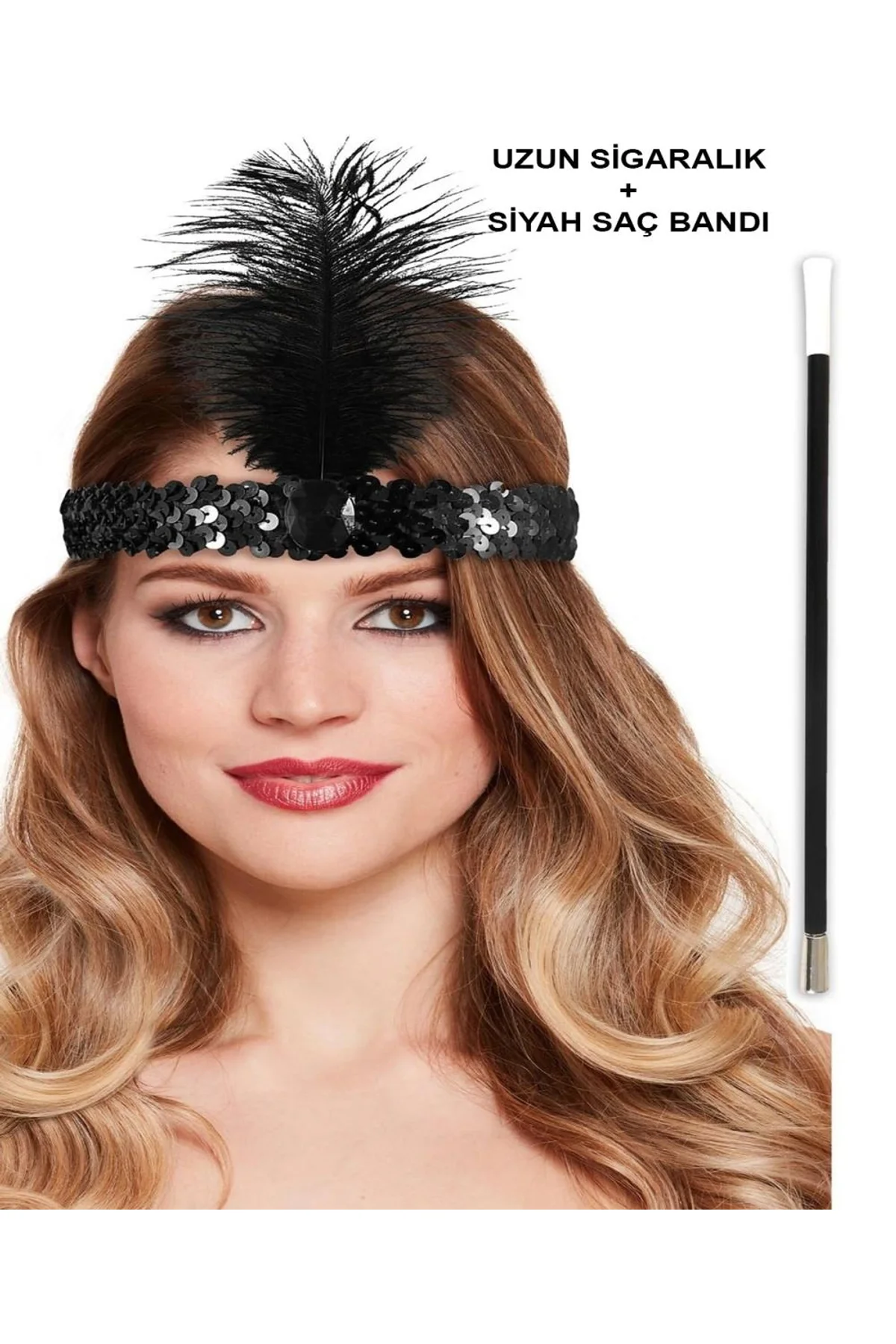 192039ler Gatsby Aksesuar Seti – Siyah Charleston Saç Bandı Lık - Just Cheap Store Görsel 3