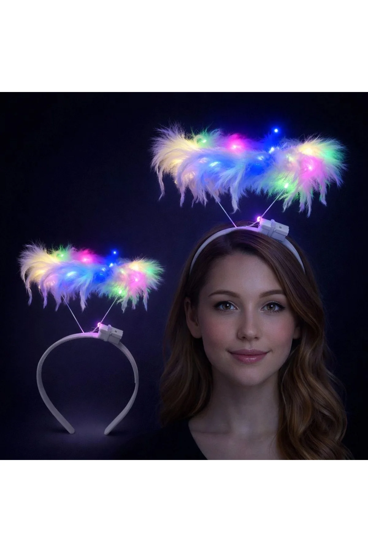 Renkli Led Işıklı Beyaz Tüylü Püsküllü Parti Tacı