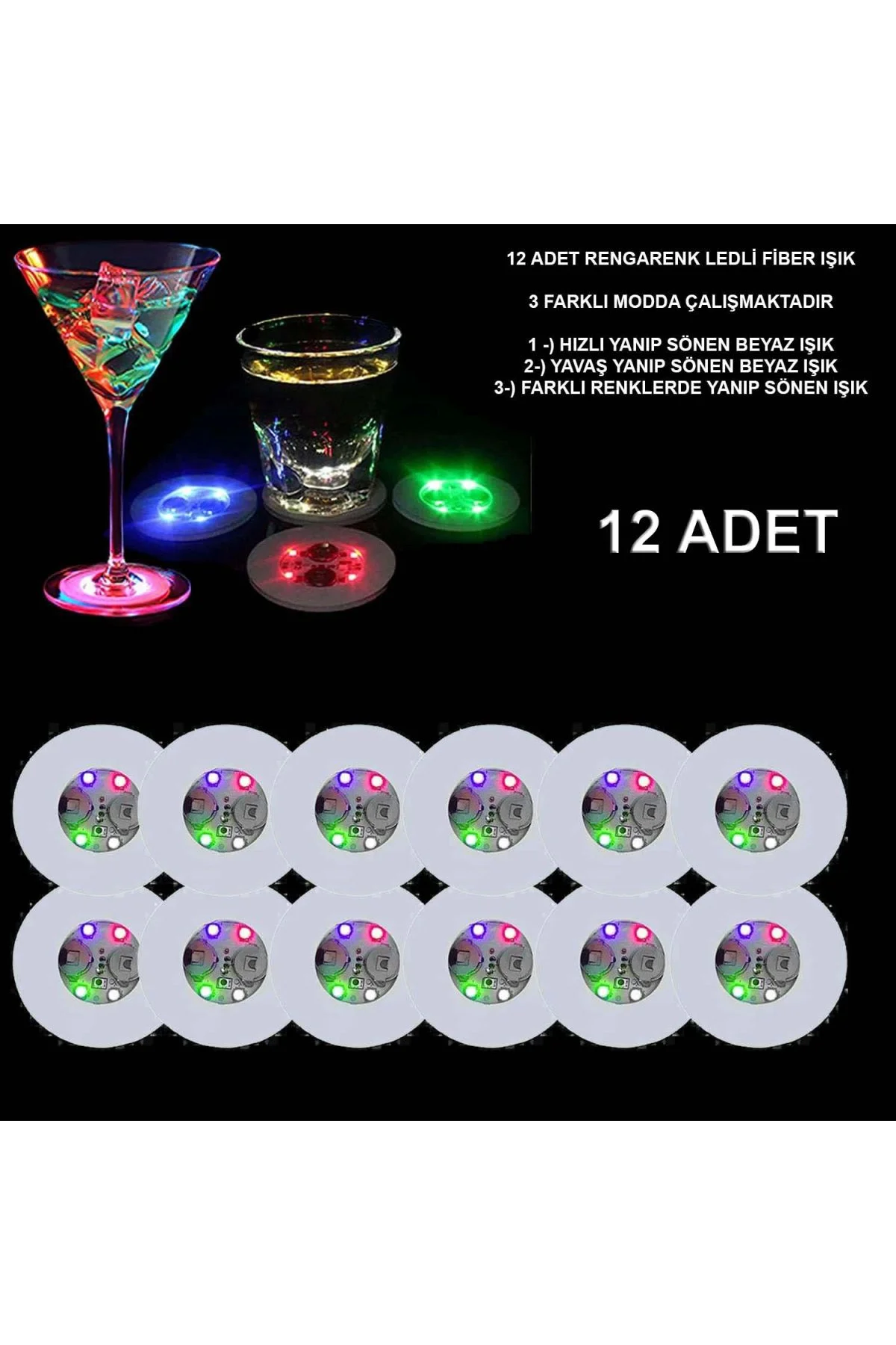 Renkli Led Işıklı Bardak Altlığı - Dekoratif (12 Adet, Pilli)