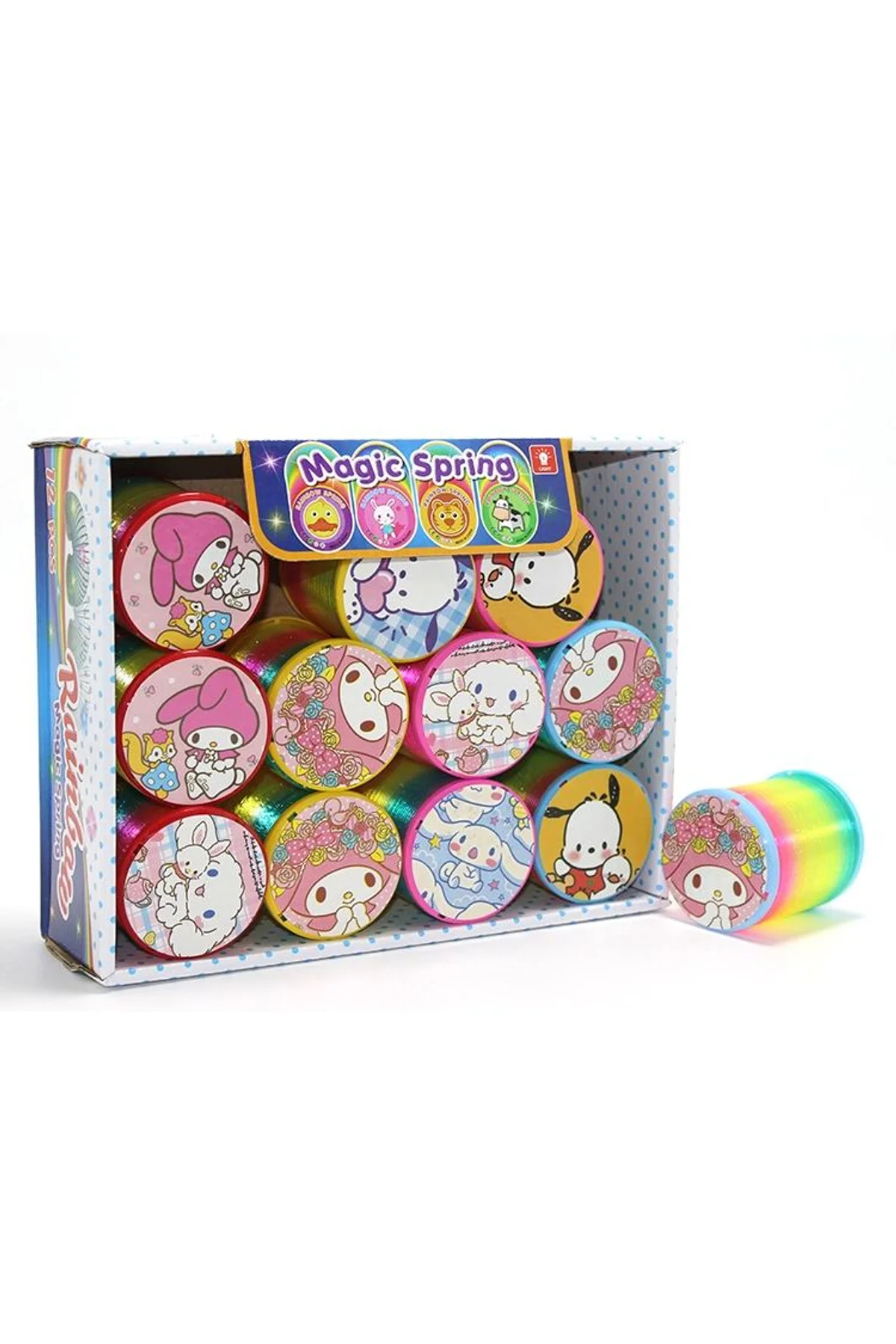 Sanrio Karakterli Magic Spring Stres Yayı - Standlı Gökkuşağı Renkli Oyuncak Seti 12'li Alk3988