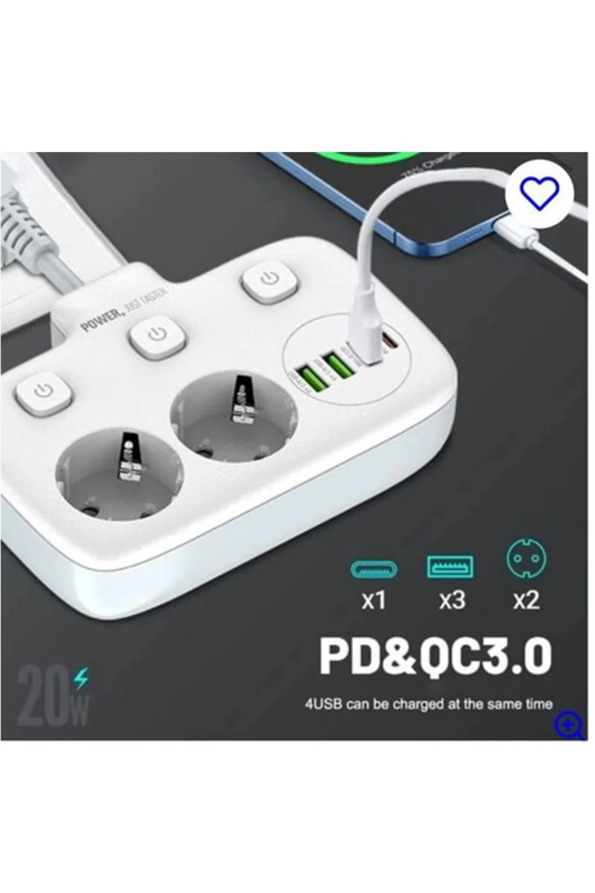 Akım Korumalı 2’li Ayrı Anahtarlı Priz, 2x Priz, 3x Usb, 1x Type-c, 2 Mt Kablo, Hızlı Şarj - Just Cheap Store Görsel 2