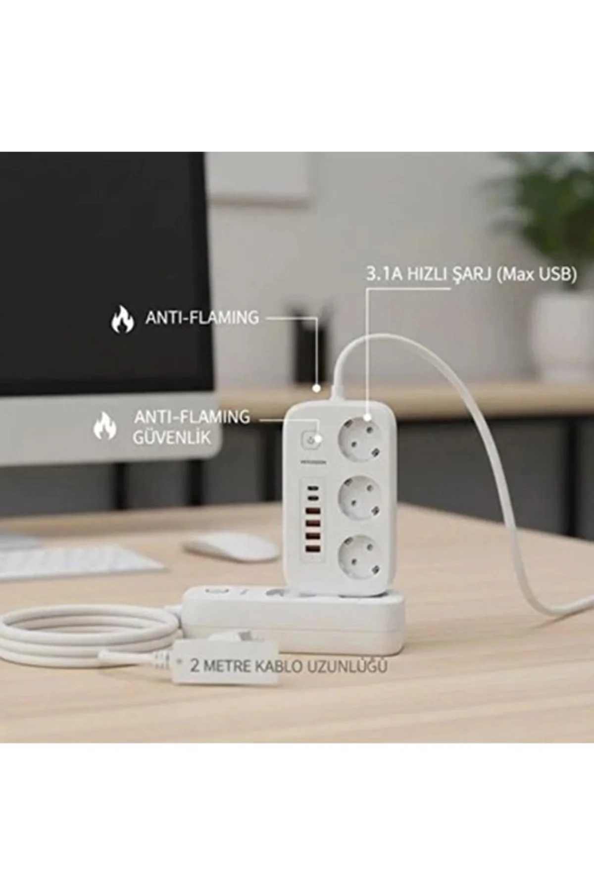 akım Korumalı Priz Ve Masaüstü Şarj İstasyonu Kablosuz 3 Priz ,4 Usb, 2 Type-c Girişli 2 Metre - Just Cheap Store Görsel 2