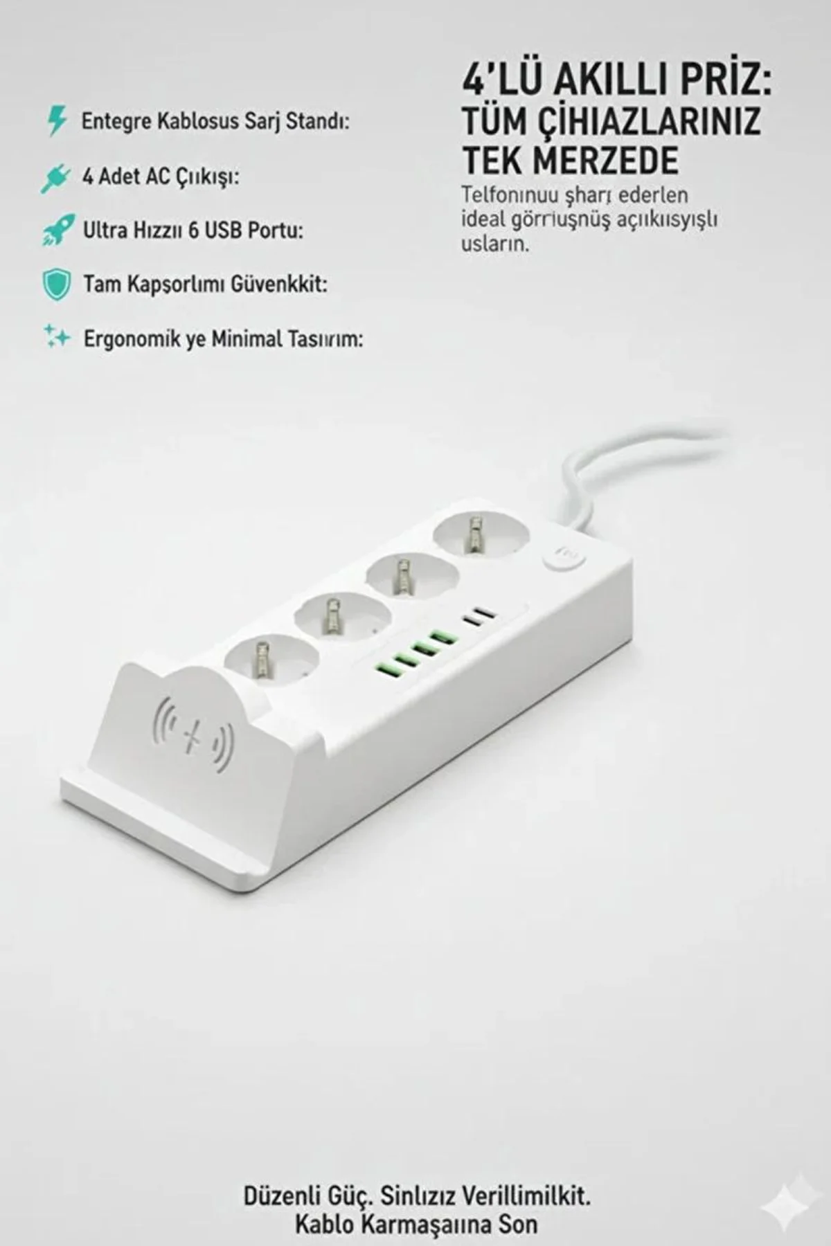 Akım Korumalı Priz Ve Masaüstü Şarj İstasyonu Kablosuz 4 Priz ,4 Usb, 2 Type-c Girişli 2 Metre - Just Cheap Store Görsel 3