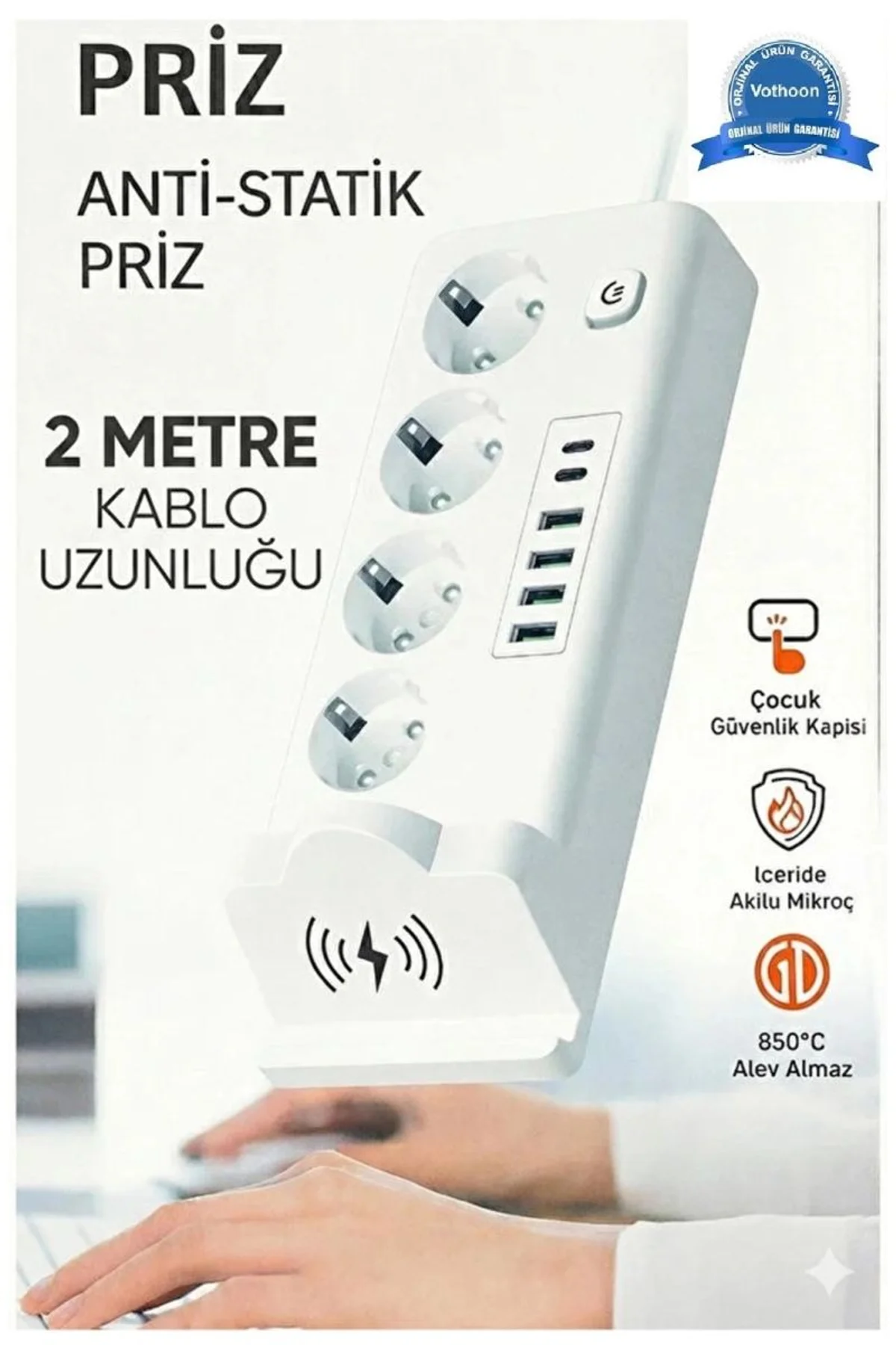 Akım Korumalı Priz Ve Masaüstü Şarj İstasyonu Kablosuz 4 Priz ,4 Usb, 2 Type-c Girişli 2 Metre
