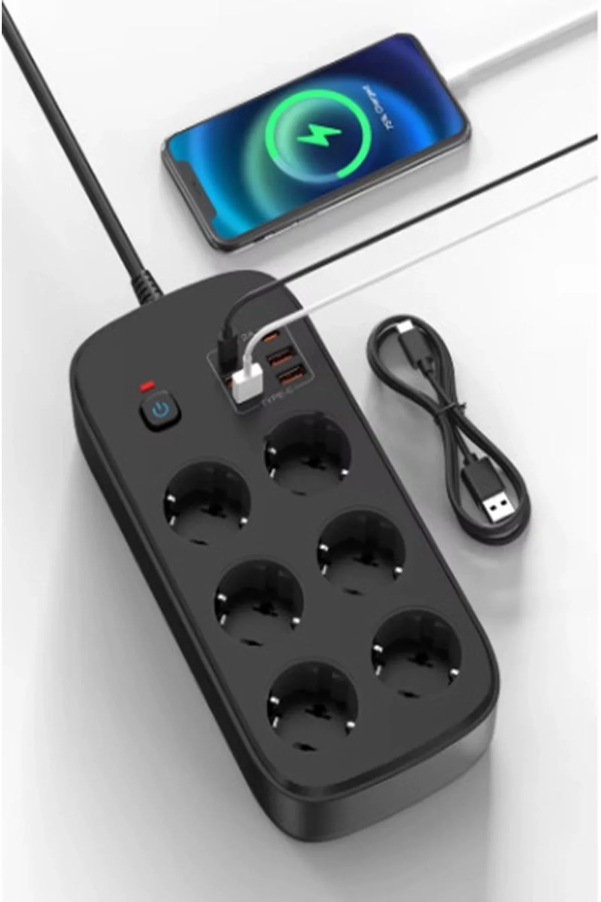 Termal Akım Korumalı 6’lü Priz 4x Usb 2x Type-c Çıkışlı Grup Priz Çoğaltıcı (3500w) Siyah - Just Cheap Store Görsel 2