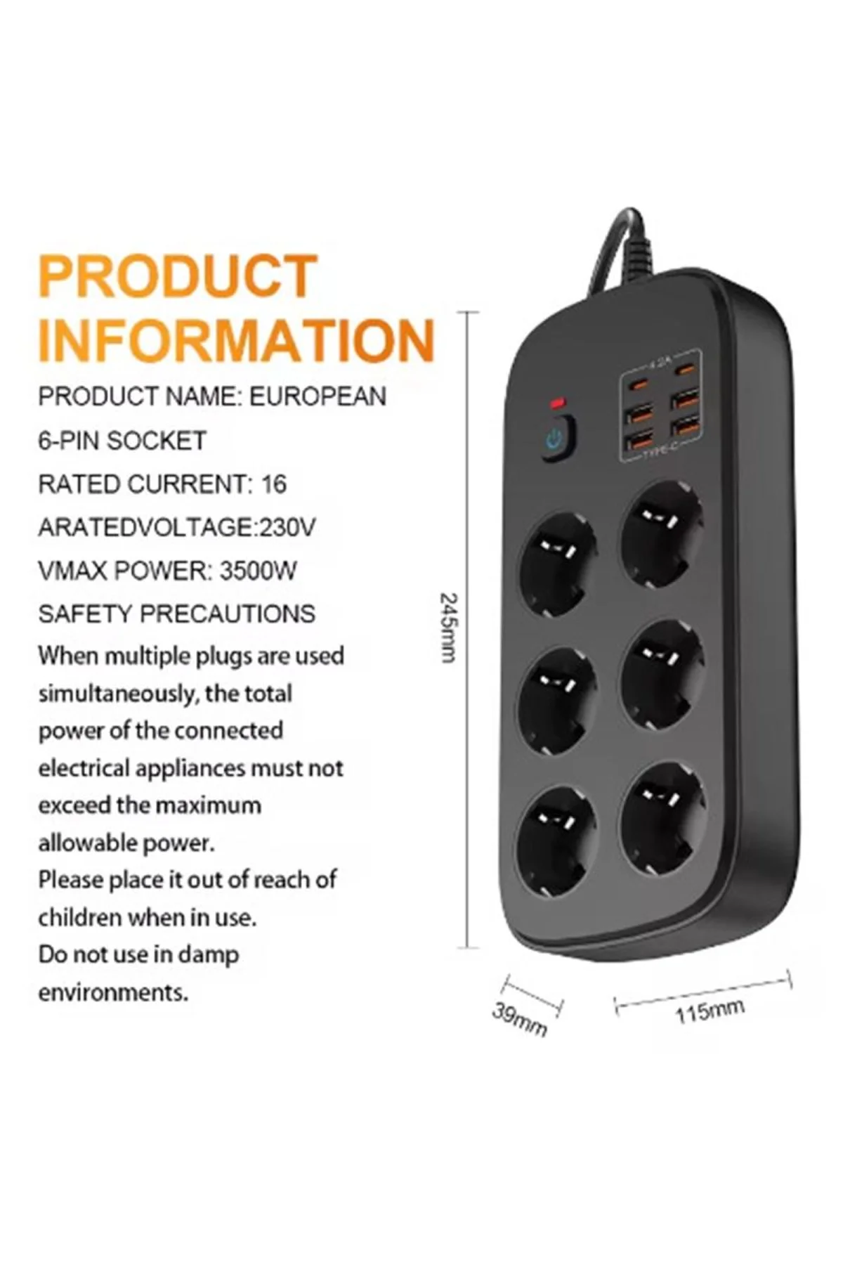 Termal Akım Korumalı 6’lü Priz 4x Usb 2x Type-c Çıkışlı Grup Priz Çoğaltıcı (3500w) Siyah - Just Cheap Store Görsel 5