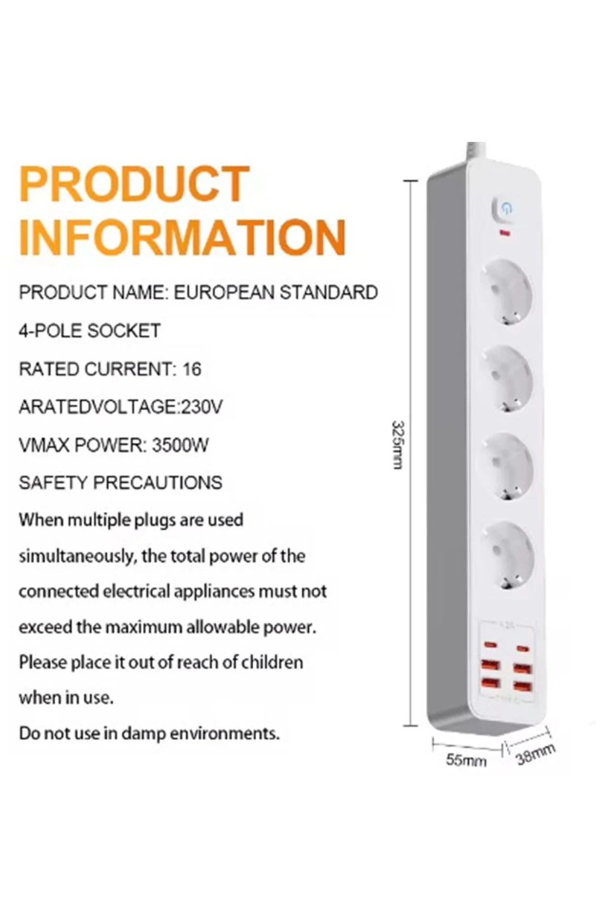 Termal Akım Korumalı 4’lü Priz 4x Usb 2x Type-c Çıkışlı Grup Priz Çoğaltıcı (3500w) - Just Cheap Store Görsel 5