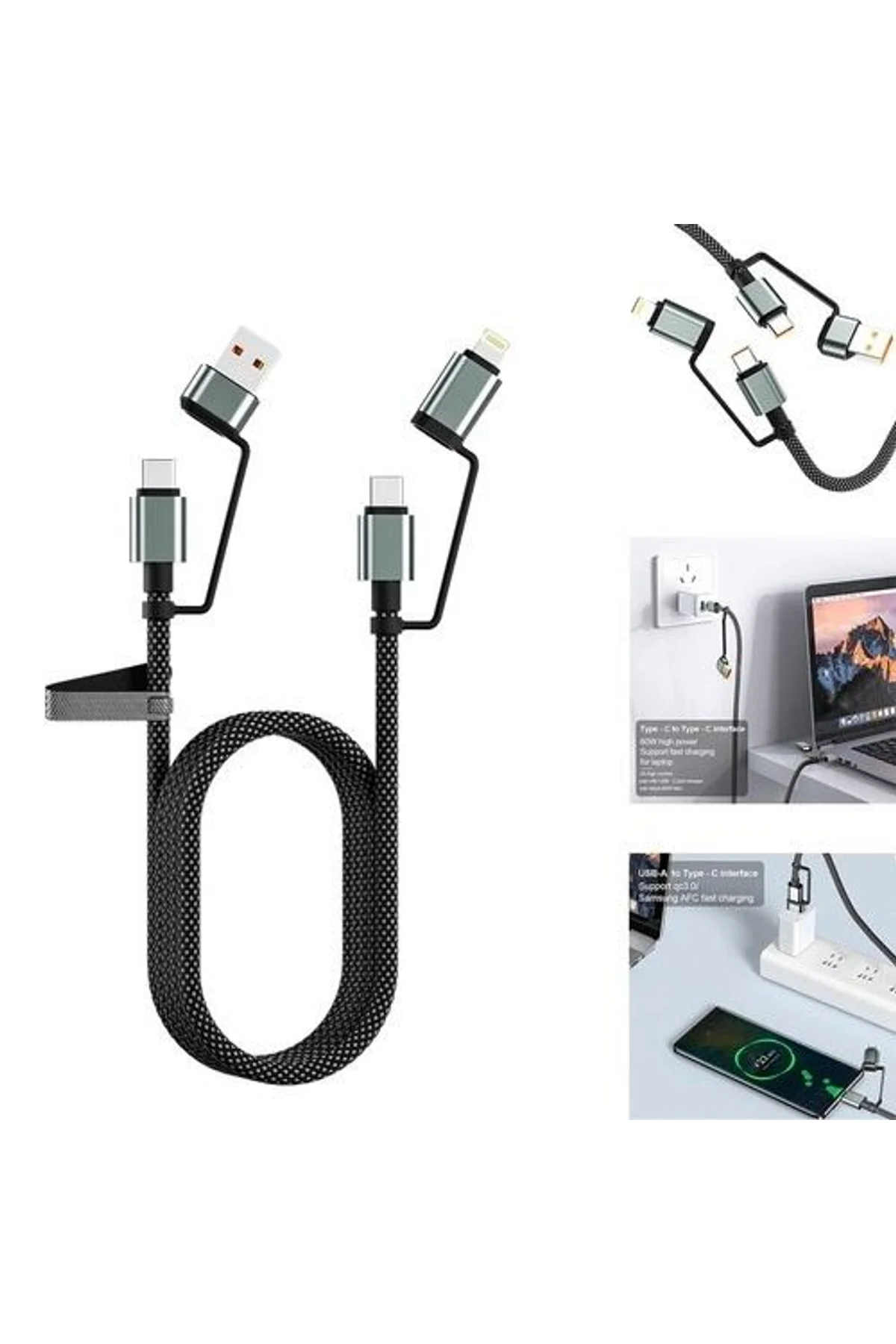 4’ü 1 Arada 100w Akıllı Tasarım Yüksek Dayanıklılık Çoklu Uyumlu Örgülü Hızlı Şarj Kablosu