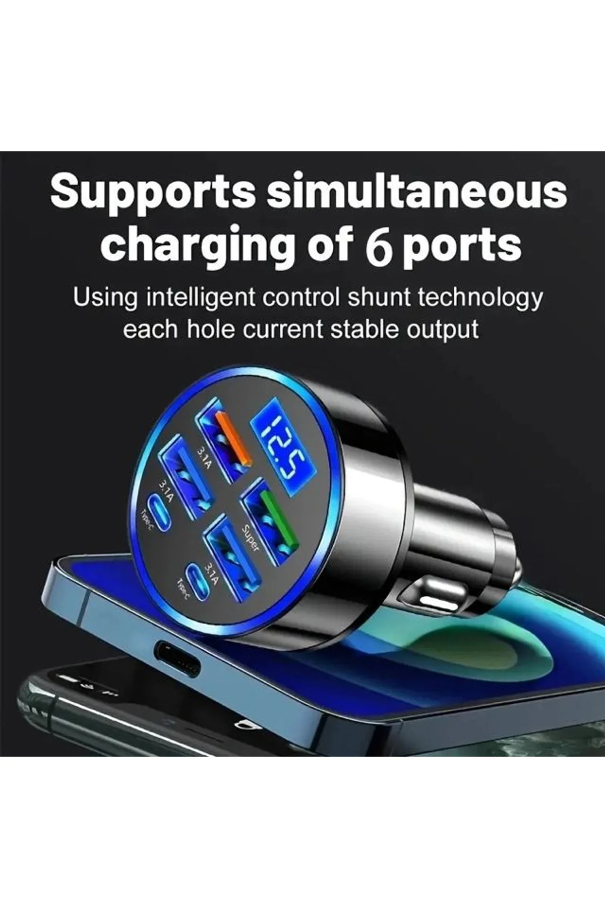 6 Portlu Hızlı Araç Şarj Cihazı – 4 Usb + 2 Type-c Çıkışlı Dijital Göstergeli Oto Şarjı - Just Cheap Store Görsel 3