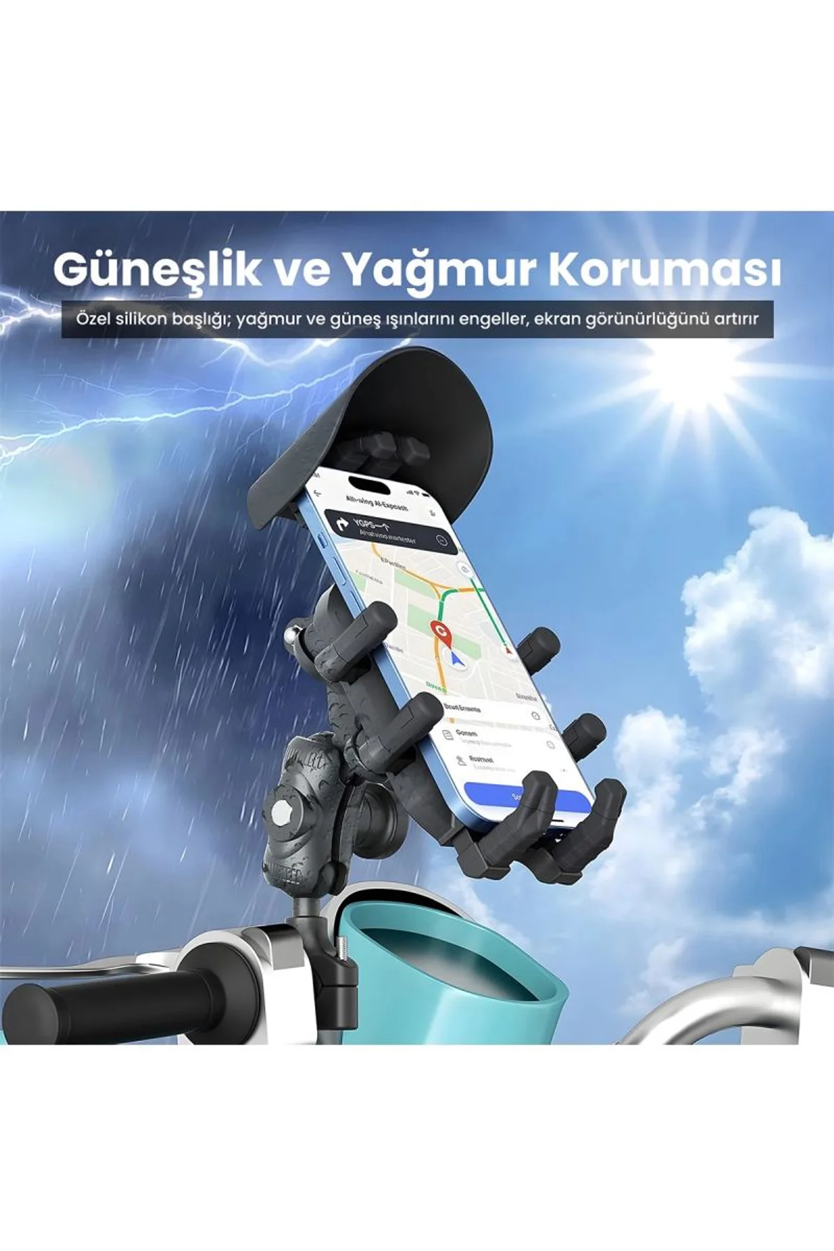 Gidon Bağlantılı Güneş Ve Yağmur Korumalı 360° Derece Ayarlanabilir Motosiklet Bisiklet Telefon Tutu - Just Cheap Store Görsel 4