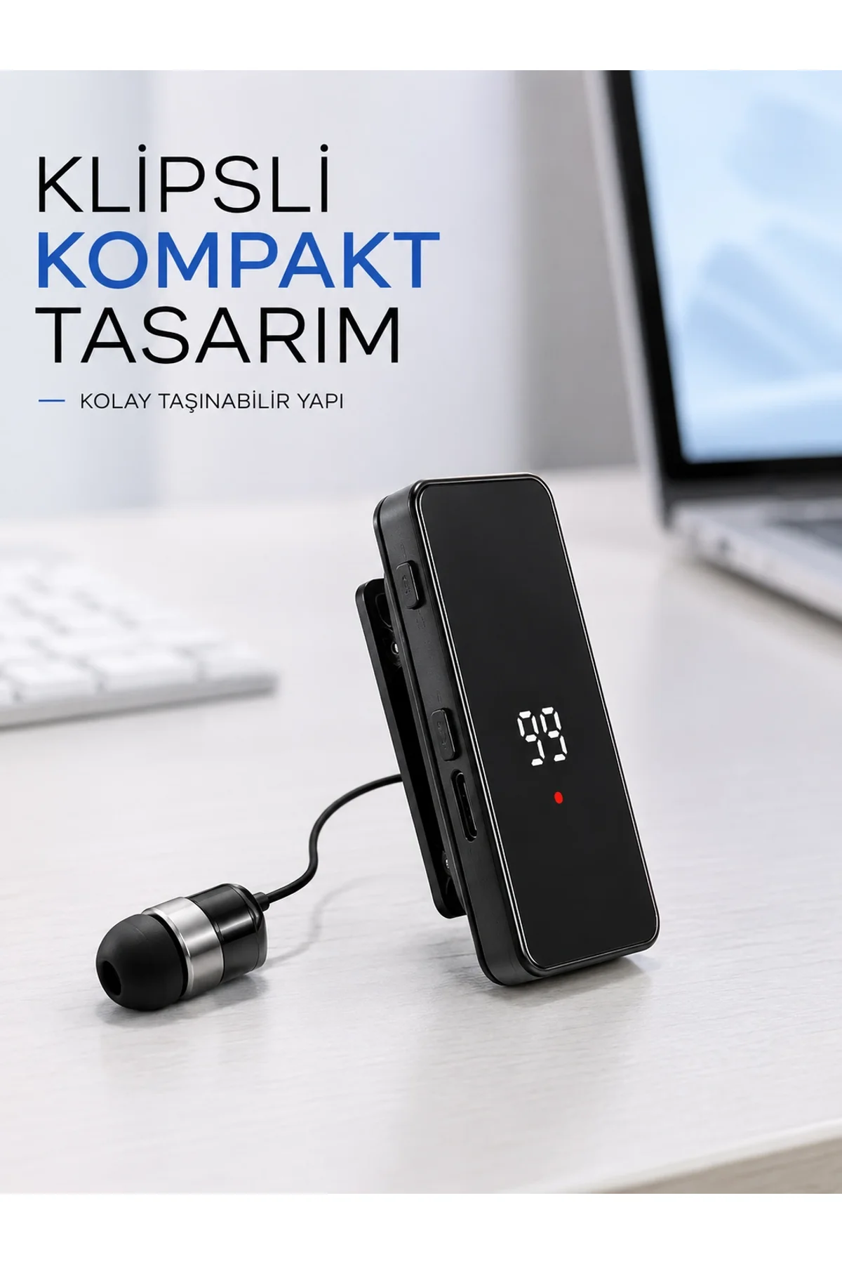 Dijital Ekranlı Bluetooth Kulaklık Tek Kulaklıklı Klipsli Kompakt Tasarım