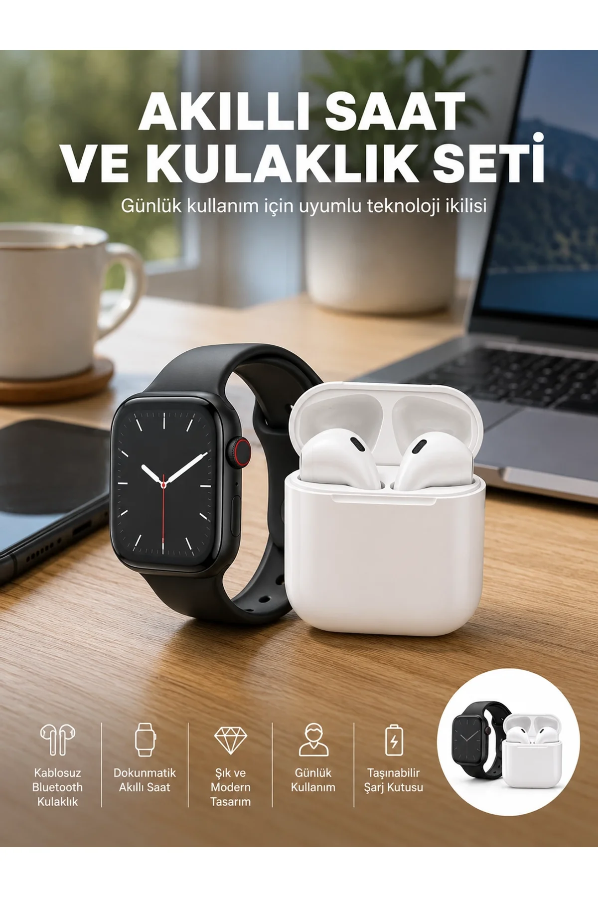 Akıllı Saat Gümüş Kasa Bluetooth Kulaklık Hediyeli Çok Fonksiyonlu İkili Set