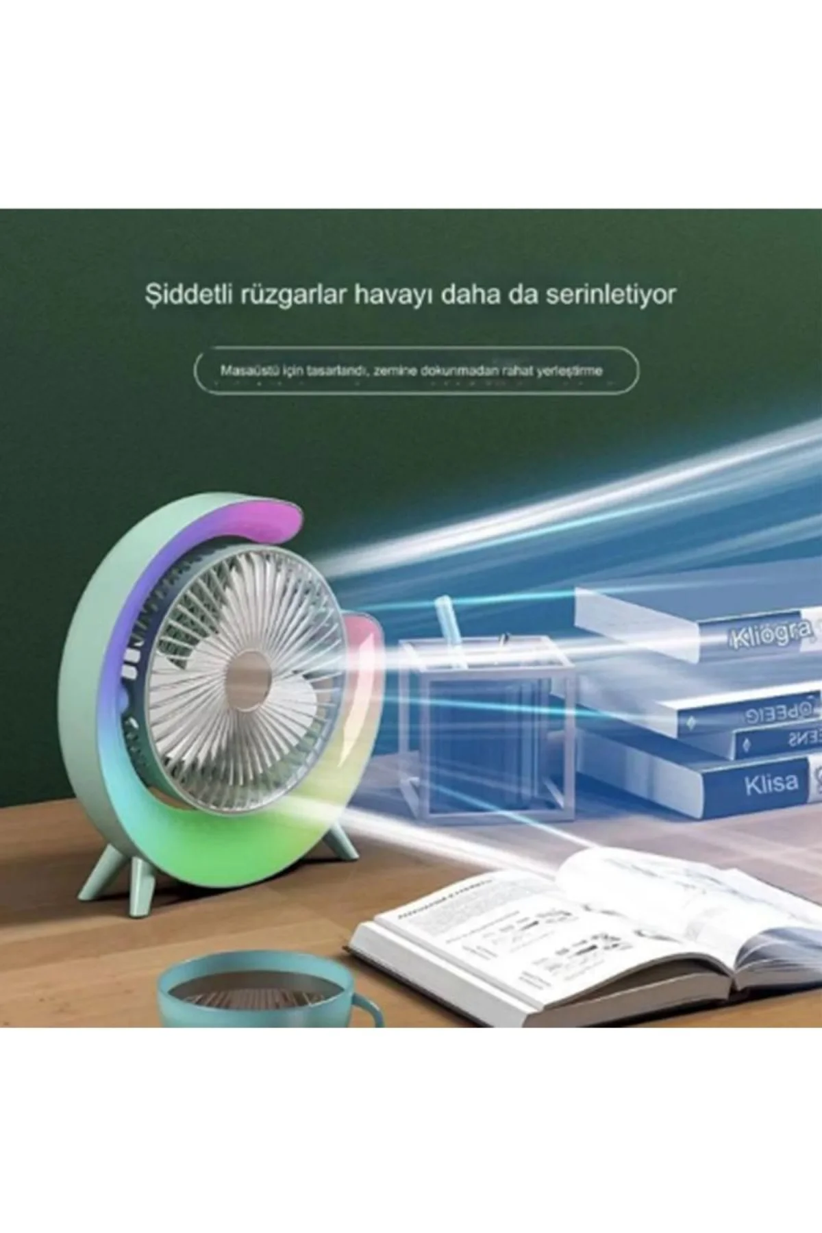 Masaüstü Vantilatör Usb Şarjlı Rgb Led Işıklı 3 Kademeli 180° Ayarlanabilir Soğutucu Fan Yeşil - Just Cheap Store Görsel 5