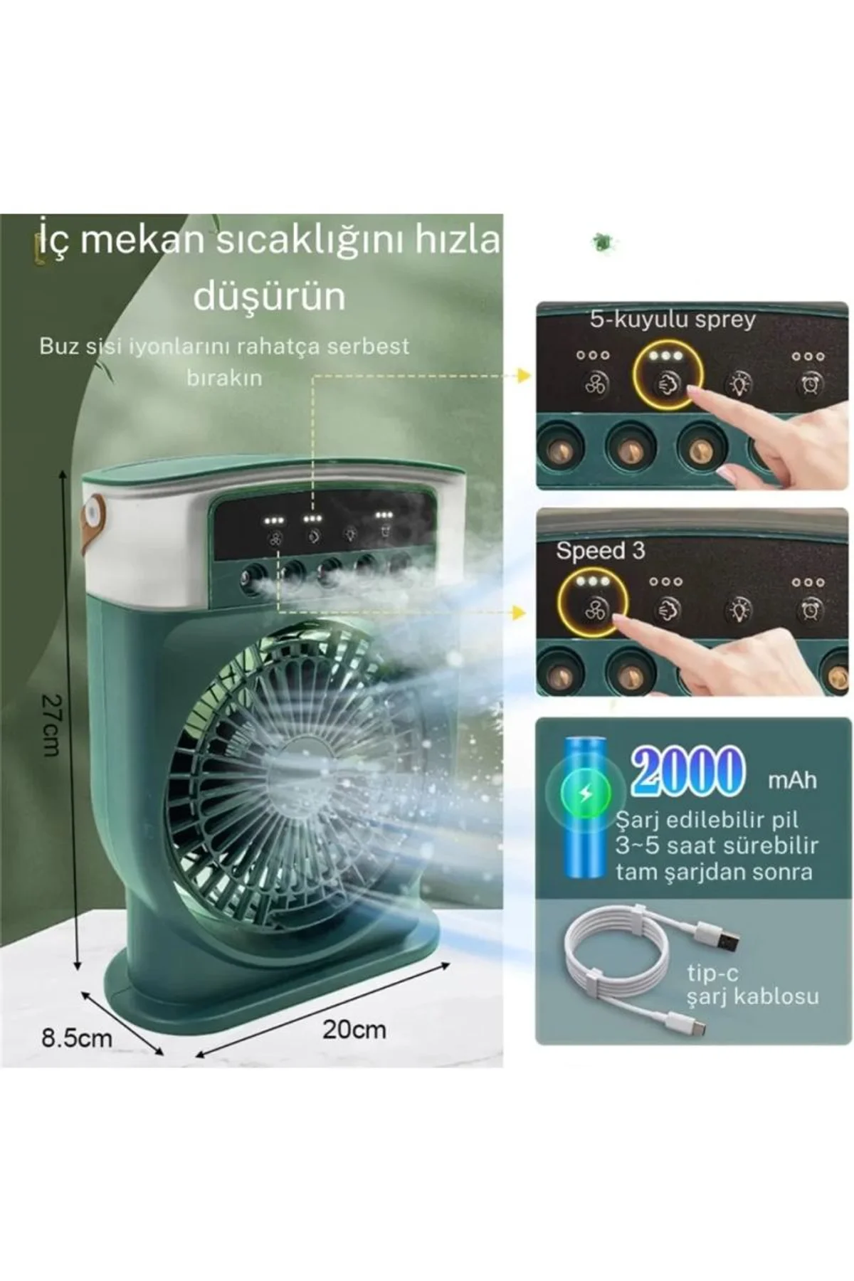 Şarjlı 600 Ml Su Hazneli Taşınabilir Masaüstü Vanilatör Güçlü Fan Ve 2000 Mah Pil Yeşil - Just Cheap Store Görsel 3