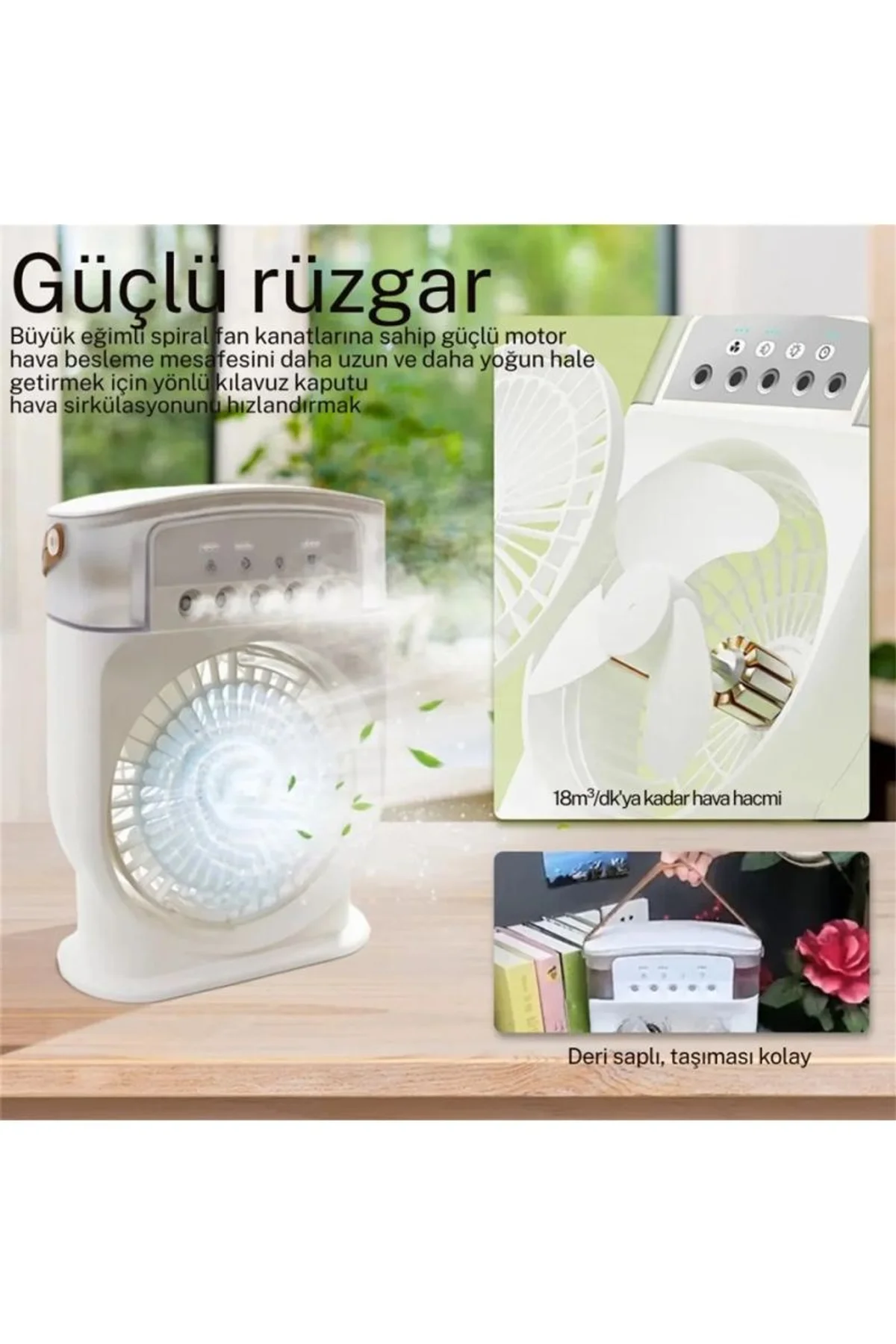 Şarjlı 600 Ml Su Hazneli Taşınabilir Masaüstü Vanilatör Güçlü Fan Ve 2000 Mah Pil Yeşil - Just Cheap Store Görsel 2