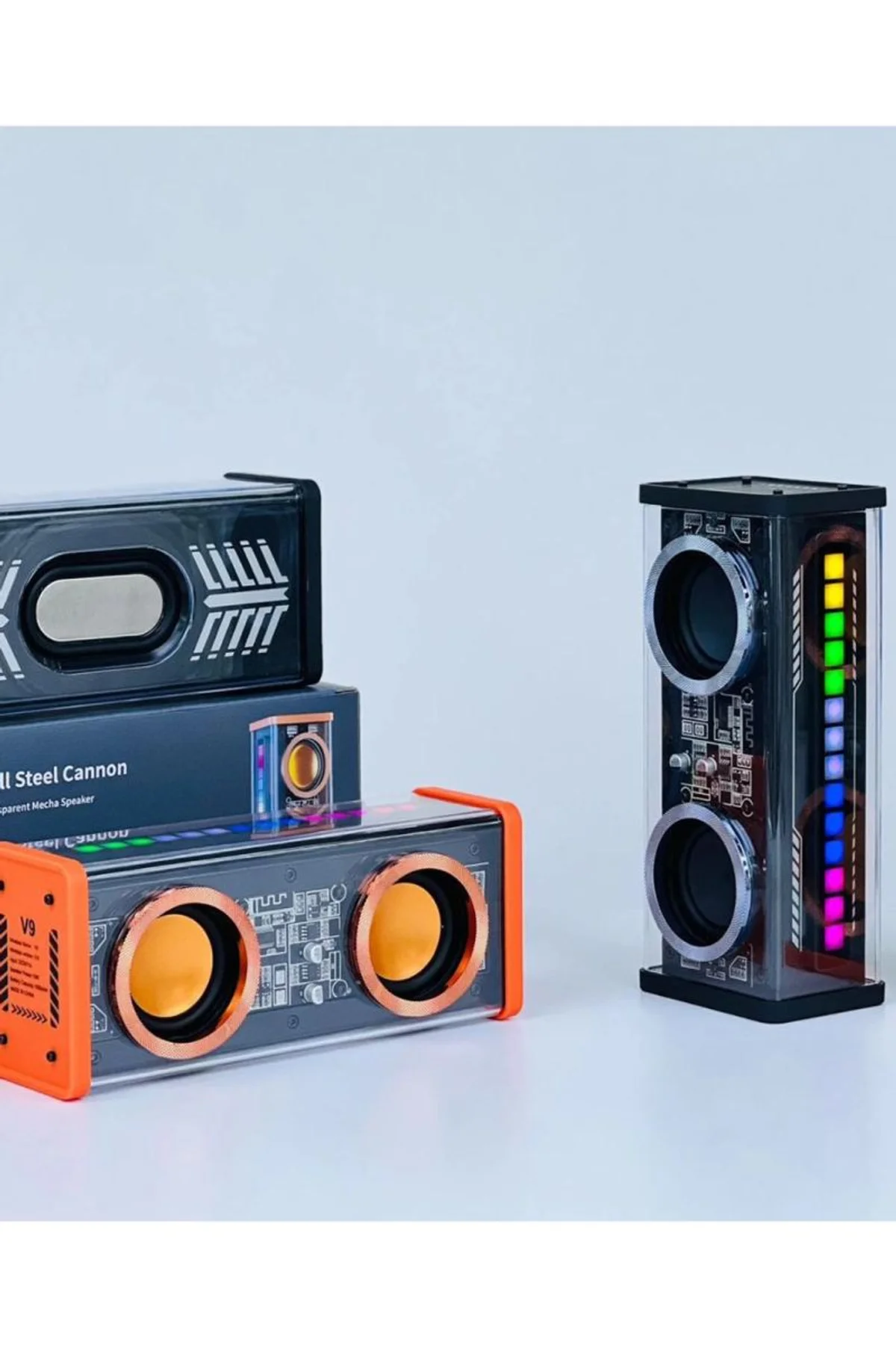 Şeffaf Mecha Müzik Tws Stereo Rgb İşıklı Hoparlör Kablosuz Bluetooth 5.0 Taşınabilir Hoparlör V9