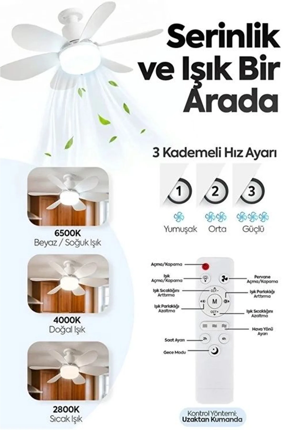 6 Kanatlı 3 Kademeli Led Aydınlatmalı Uzaktan Kumandalı Tavan Vantilatörü - Just Cheap Store Görsel 2
