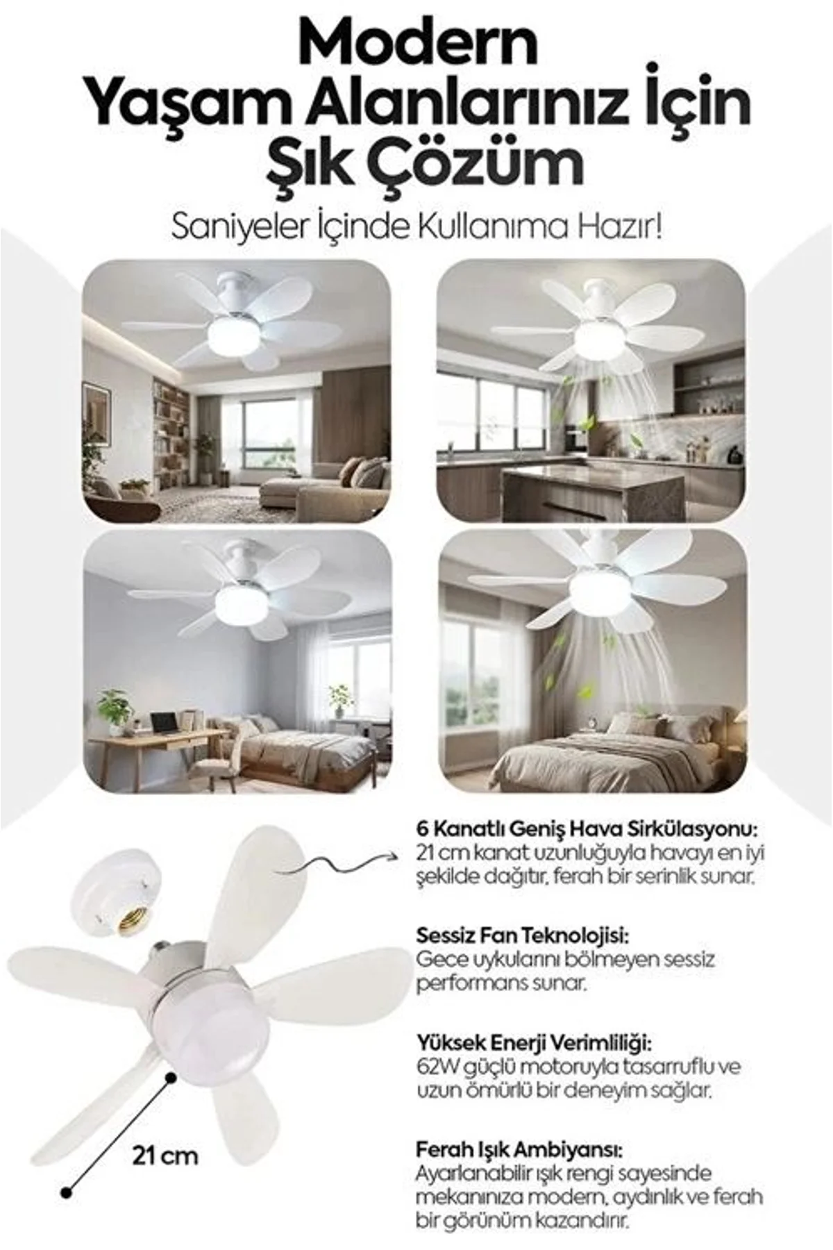 6 Kanatlı 3 Kademeli Led Aydınlatmalı Uzaktan Kumandalı Tavan Vantilatörü - Just Cheap Store Görsel 3