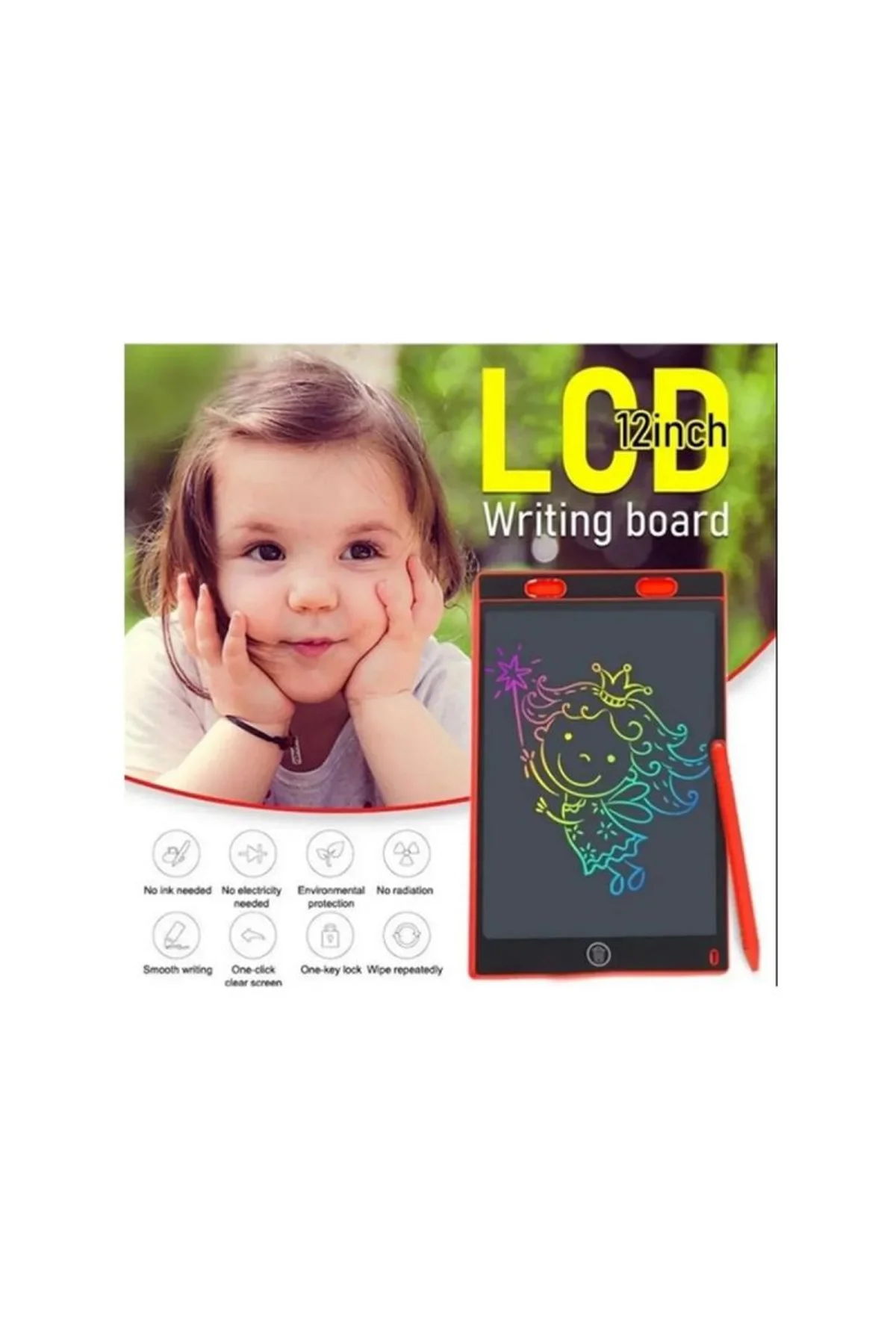 12 Inc Renkli Lcd Grafik Dijital Kalemli Çizim Tableti Yazı Tahta Not Yazma Eğitim Tableti Kırmızı - Just Cheap Store Görsel 2