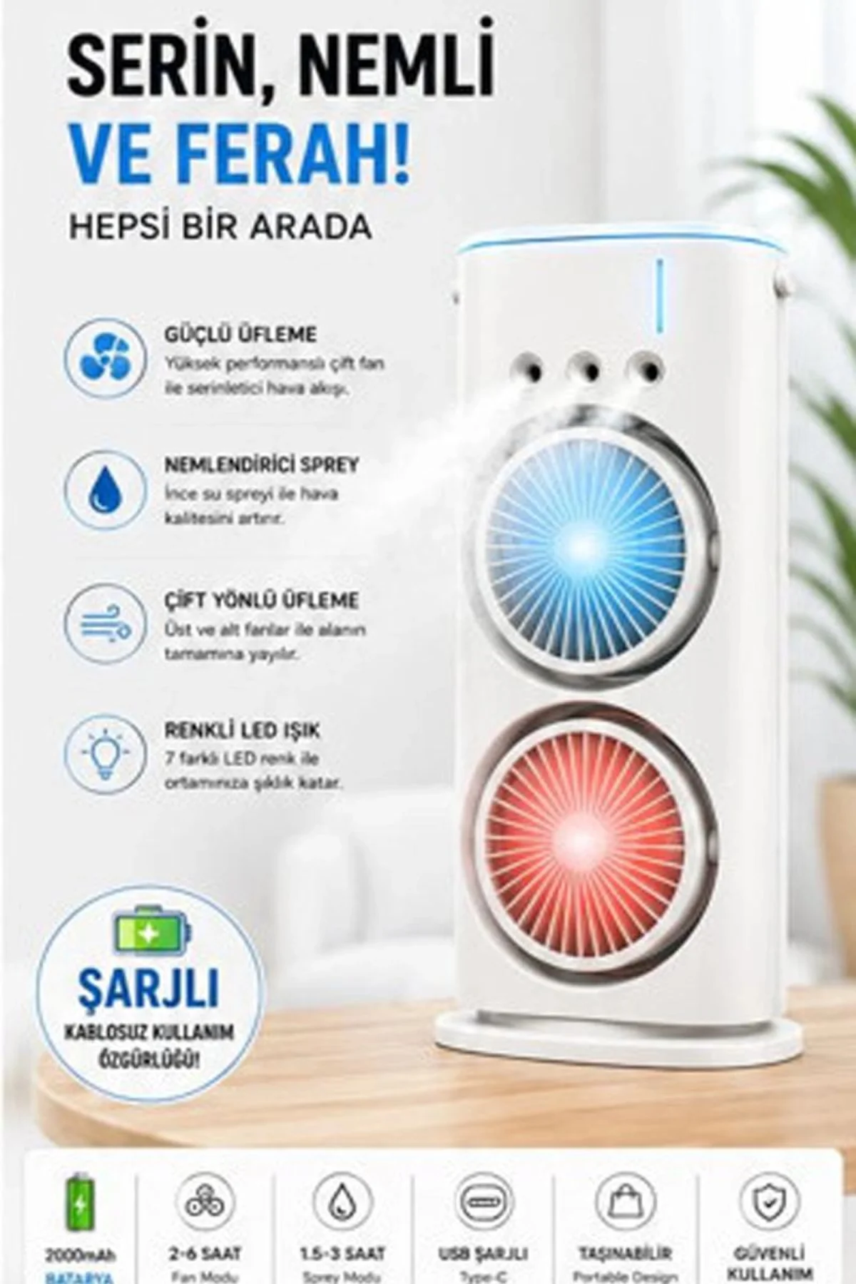 Çift Başlıklı Sprey Fan Nemlendirici Ve Renkli Led Işıklı Beyaz - Just Cheap Store Görsel 3