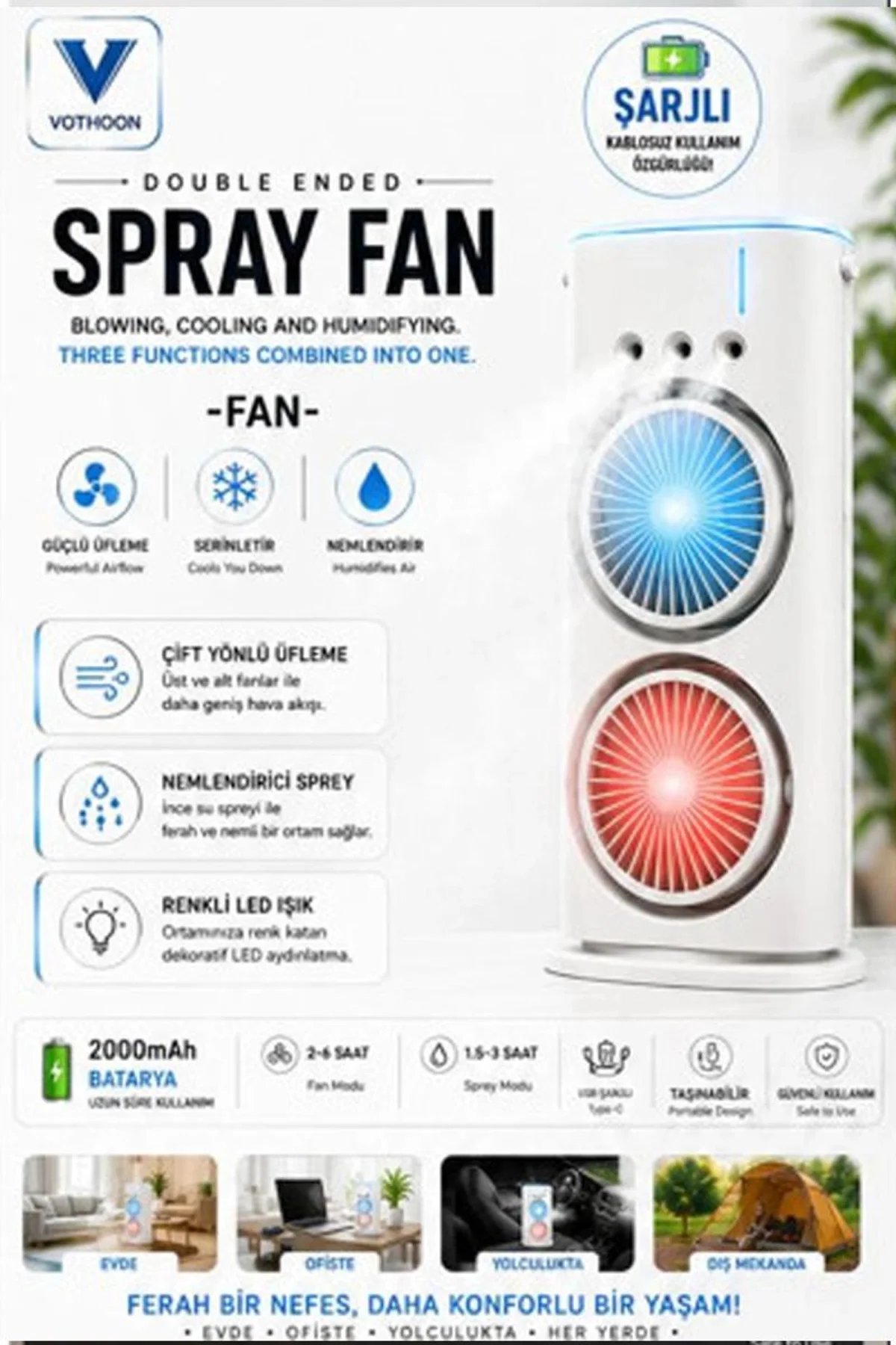 Çift Başlıklı Sprey Fan Nemlendirici Ve Renkli Led Işıklı Beyaz - Just Cheap Store Görsel 2