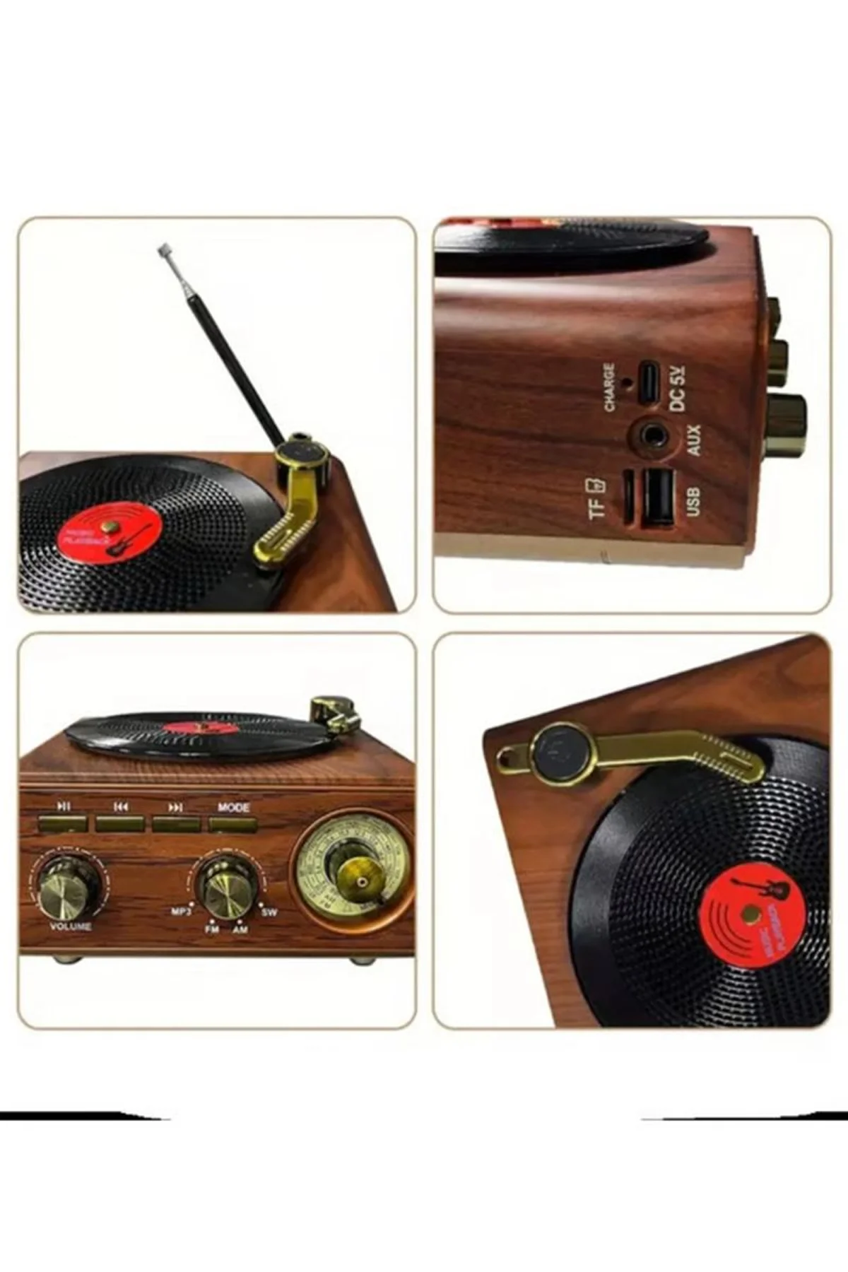 Nostaljik Tasarım Plak Çalar Görünümlü Radyolu Bluetooth Hoparlör Retro Müzik Plak - Just Cheap Store Görsel 4