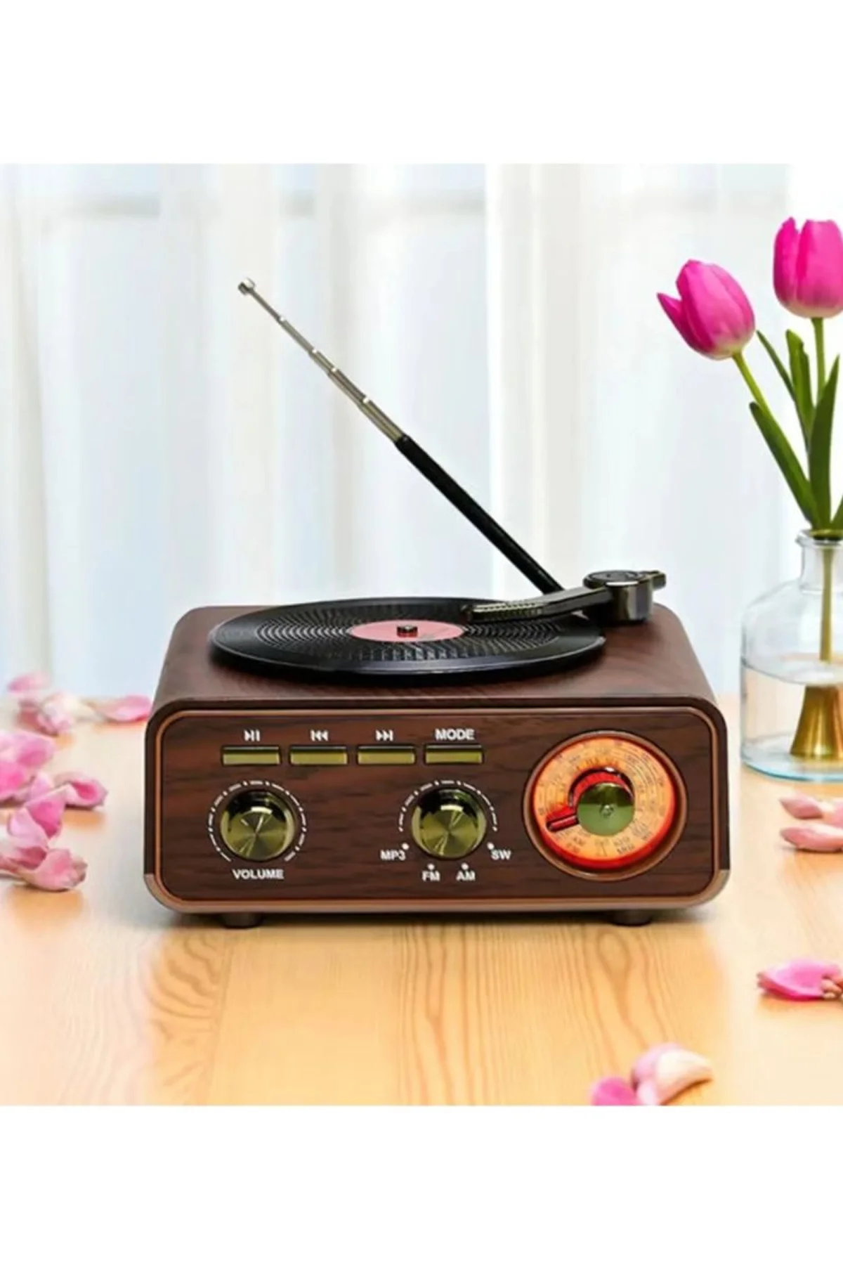 Nostaljik Tasarım Plak Çalar Görünümlü Radyolu Bluetooth Hoparlör Retro Müzik Plak - Just Cheap Store Görsel 2