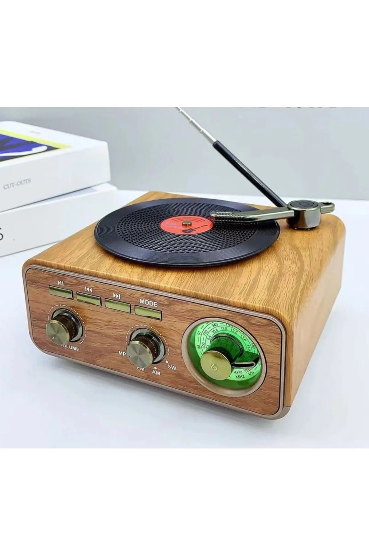 Nostaljik Tasarım Plak Çalar Görünümlü Radyolu Bluetooth Hoparlör Retro Müzik Plak Açık Kahverengi - Just Cheap Store Görsel 2