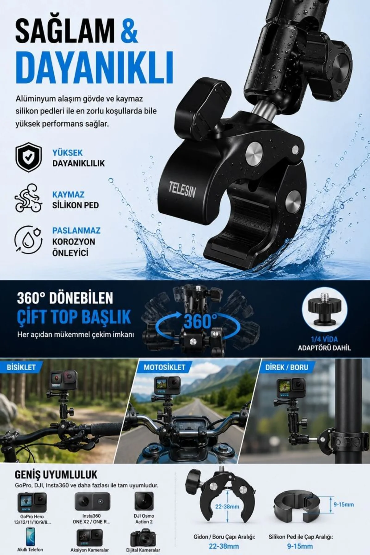 Motosiklet Bisiklet Gidon Kamera Montaj Metal Si 360° Döner Metal Tutucu - Just Cheap Store Görsel 2