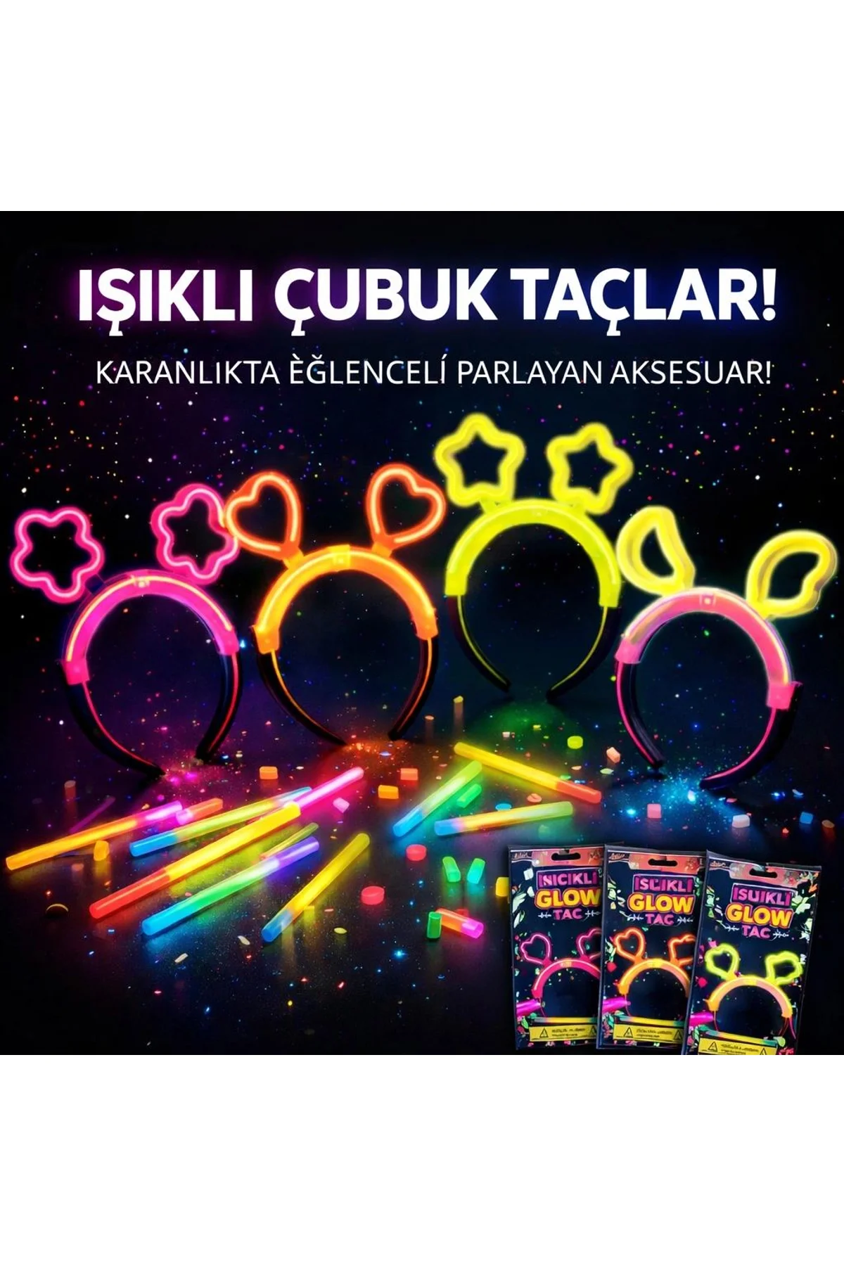 Karanlıkta Parlayan Glow Taç Seti 12 Adet – Yıldız Kalp Ay Çiçek (her Model 3 Adet)